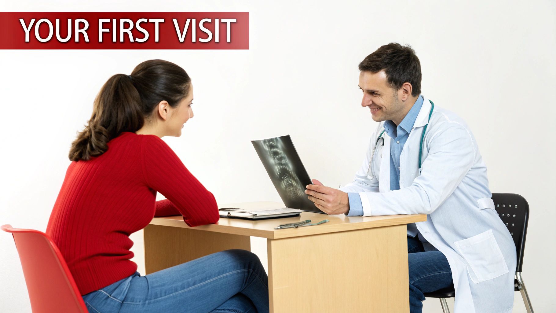 A smiling female patient and male doctor discussing an X-ray during a first visit.