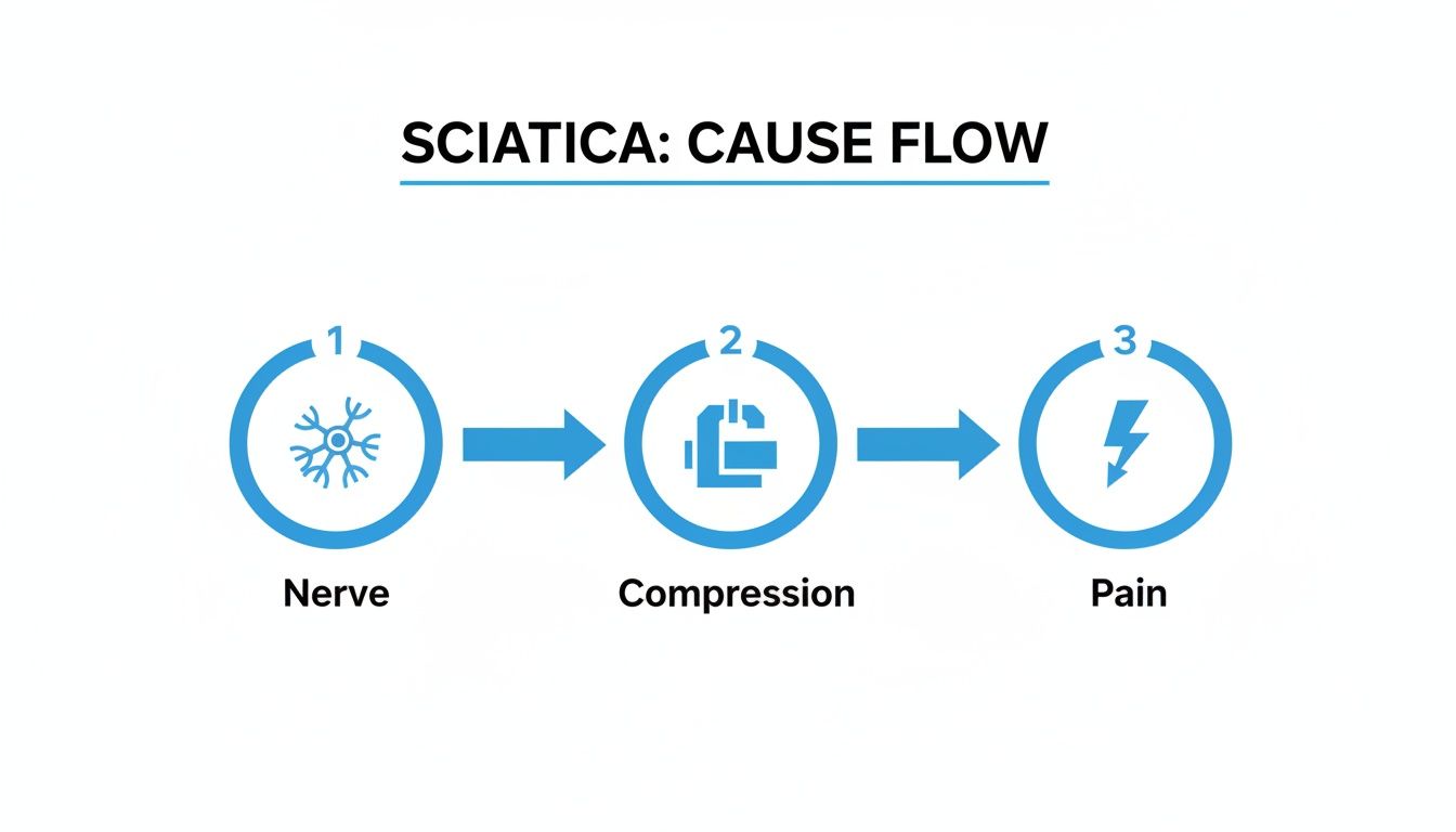 Diagram illustrating the sciatica cause flow: nerve irritation leads to compression, which results in pain.