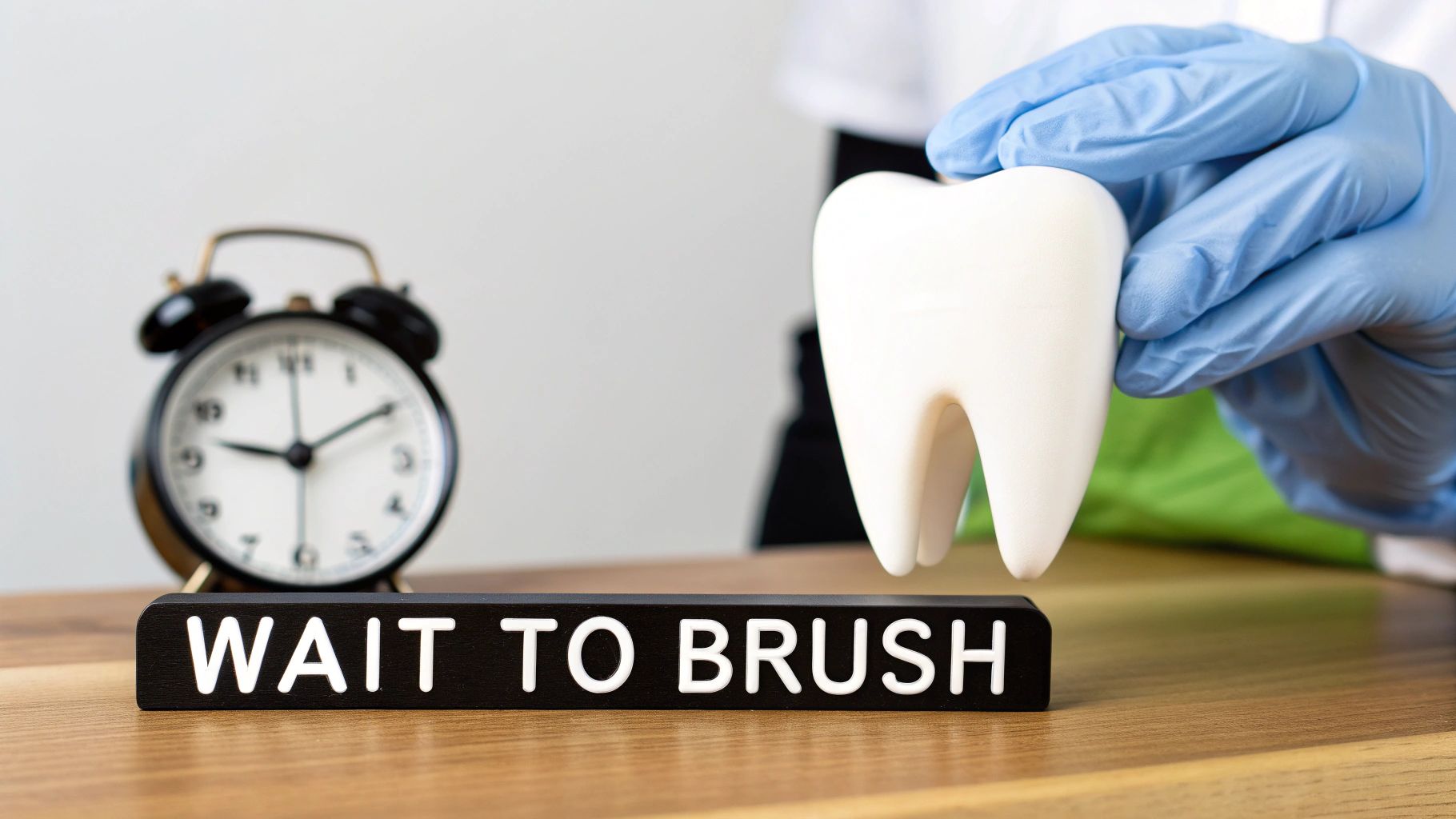 A gloved hand holds a large tooth model next to a 'WAIT TO BRUSH' sign and a blurred alarm clock.