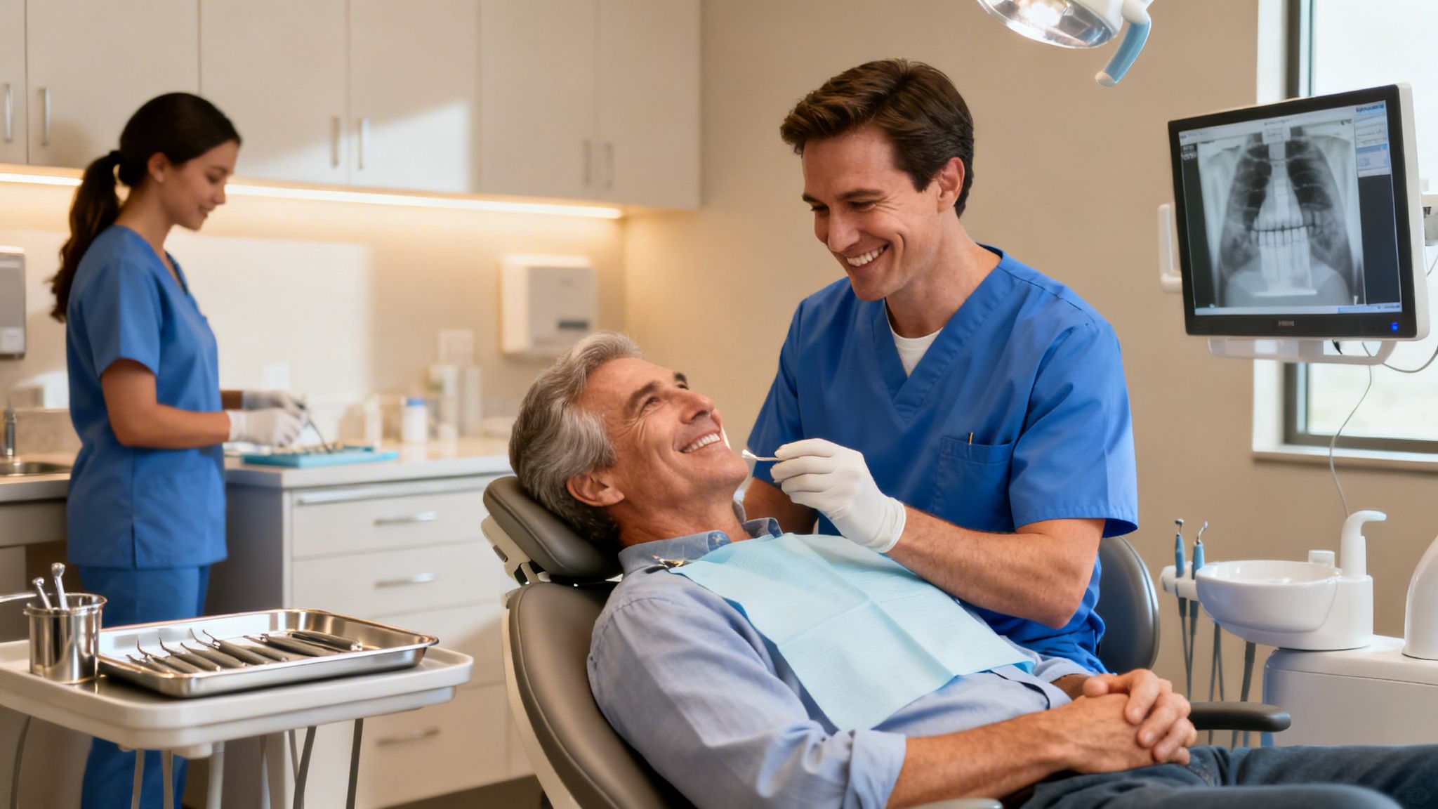 A male dentist examines a smiling senior patient, while an assistant works in the background.