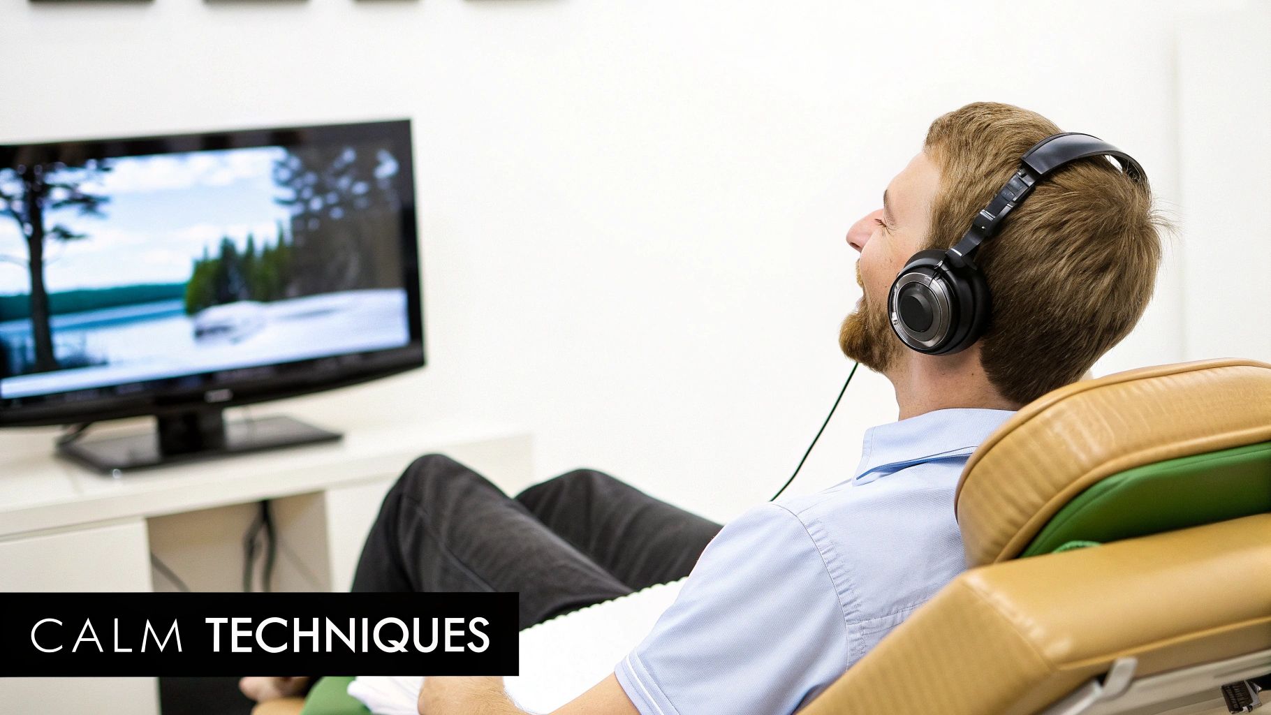 A man in headphones relaxing in a chair, watching a calm nature scene on a TV screen.
