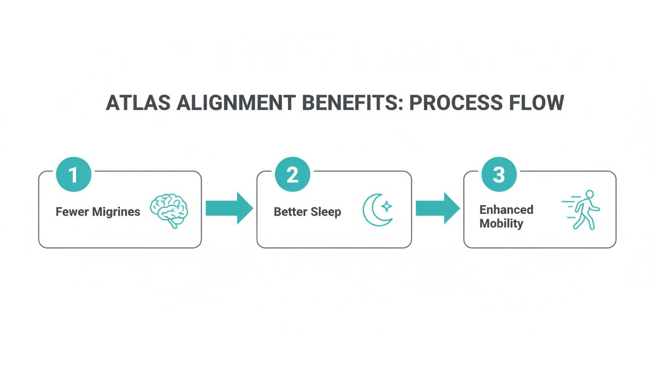 Atlas alignment benefits process flow: fewer migraines leading to better sleep, then enhanced mobility.