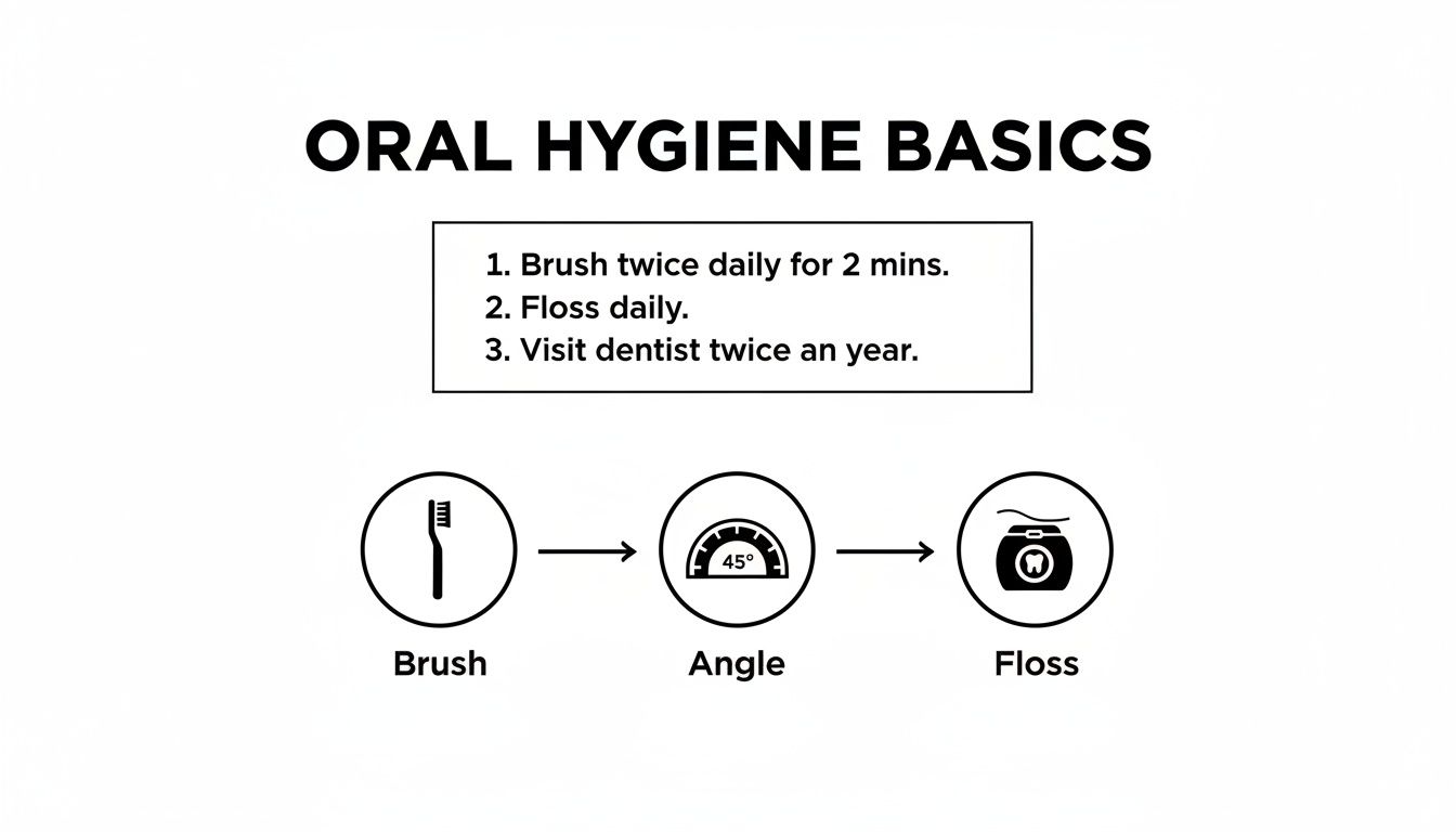 An infographic detailing oral hygiene basics with steps for brushing, flossing, and dental check-ups.