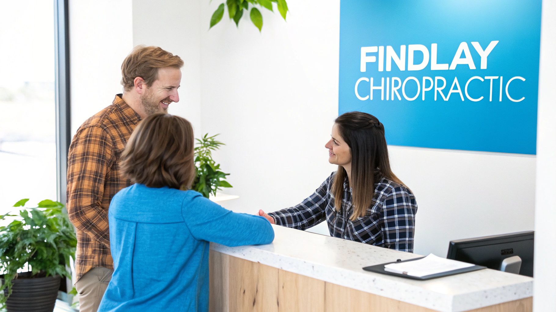 Three people smiling and interacting at a bright Findlay Chiropractic reception desk, including staff and patients.