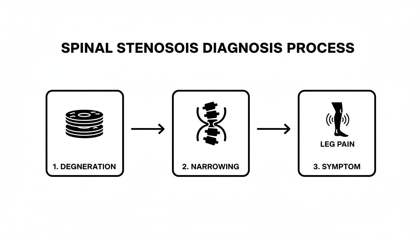 Flowchart illustrating the spinal stenosis diagnosis process: degeneration leads to narrowing, causing leg pain symptoms.