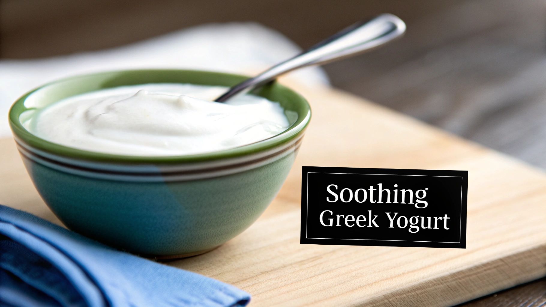 A bowl of creamy white Greek yogurt with a spoon on a wooden board. Text reads 'Soothing Greek Yogurt'.