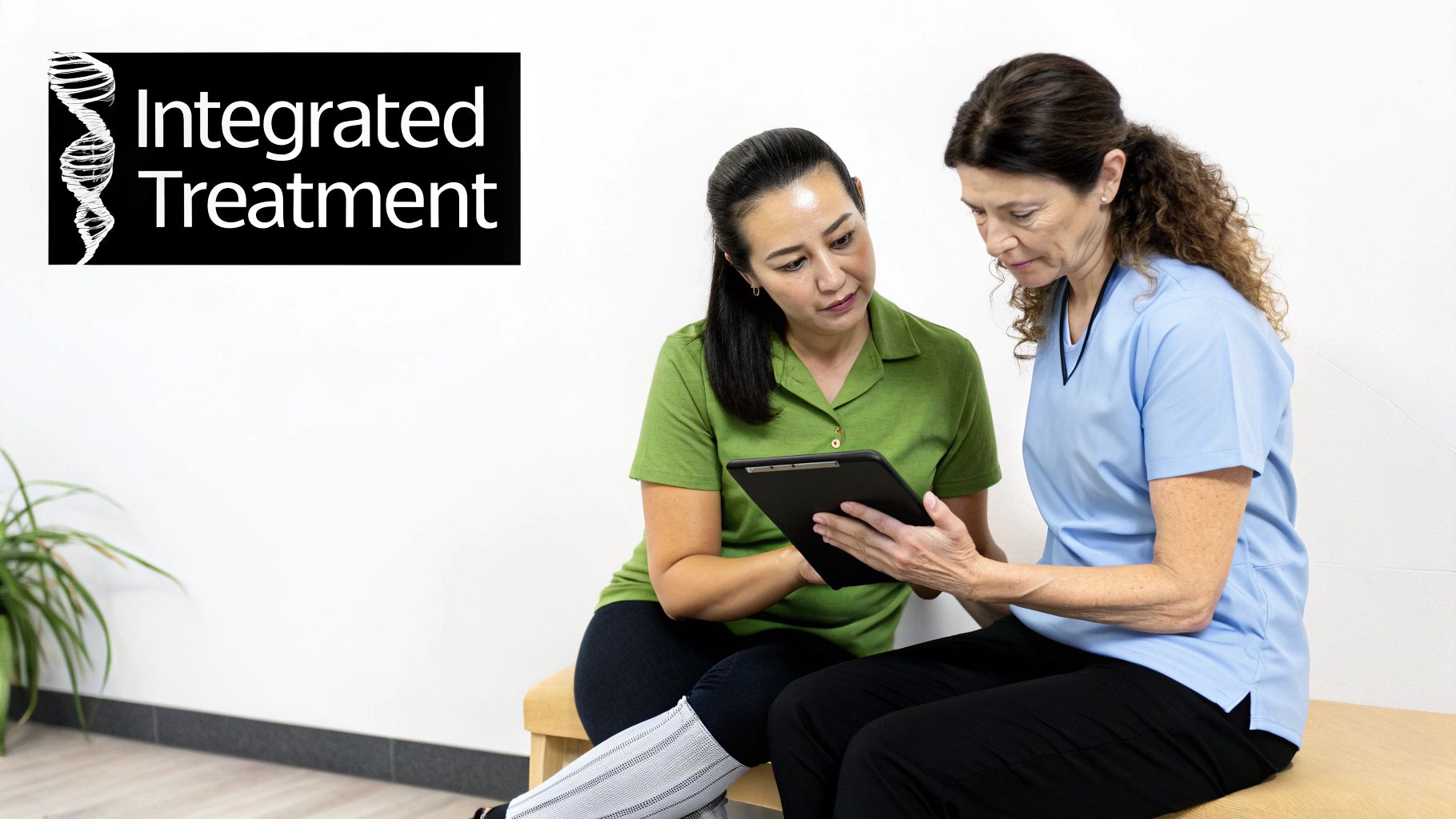 Two women, one in scrubs, reviewing information together on a digital tablet.