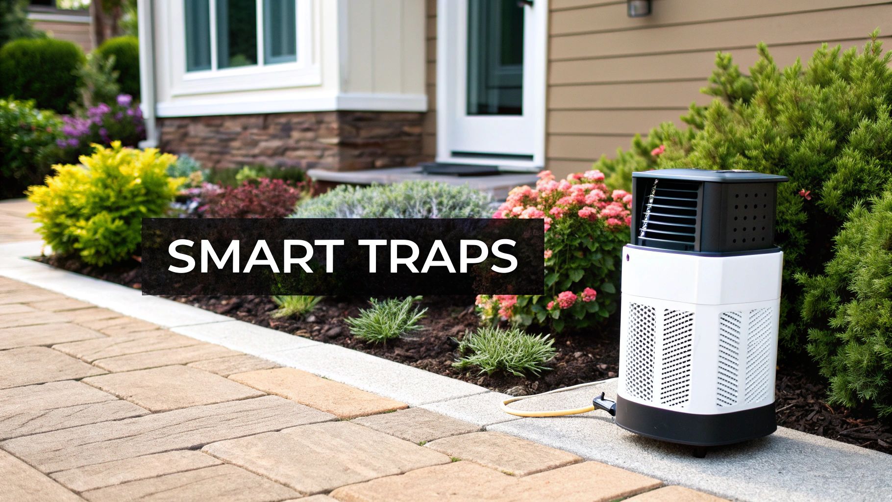 A white and black outdoor smart trap device in a green residential garden next to a paved walkway.