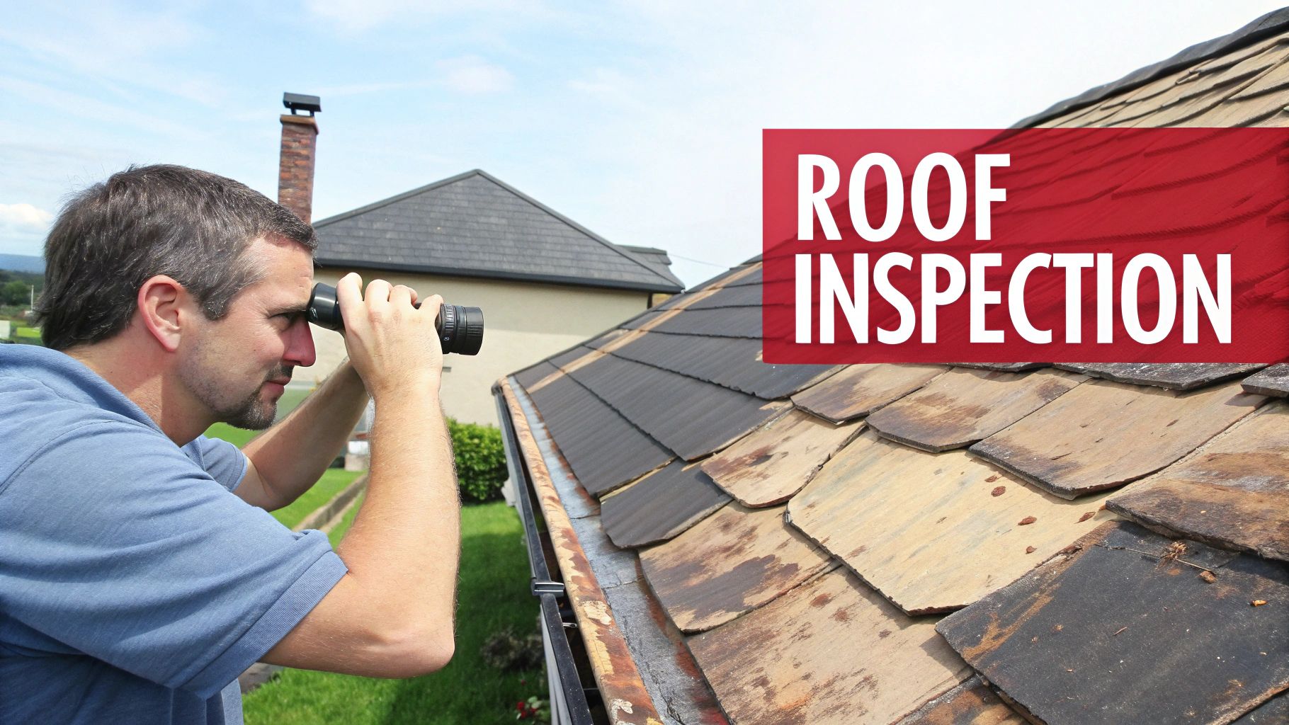 Man uses binoculars to inspect a weathered slate roof and gutter under a clear sky.