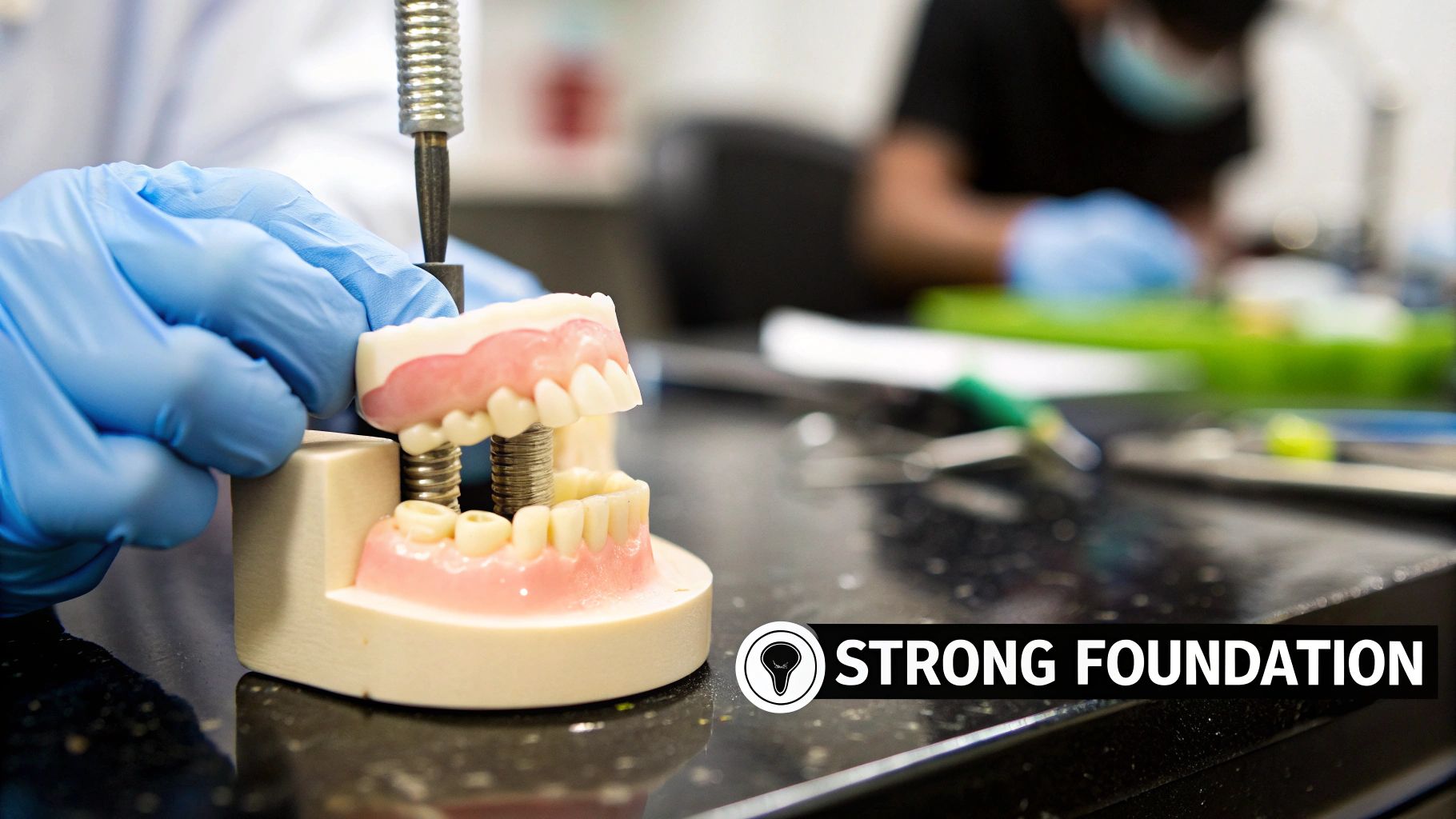 A gloved hand meticulously works on a dental model, resembling dentures or implants, with specialized tools.