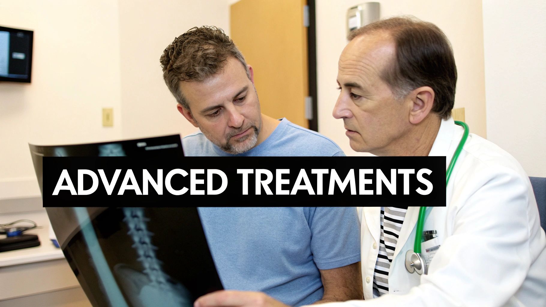 Doctor explaining spinal X-ray to a patient, discussing potential advanced treatments.