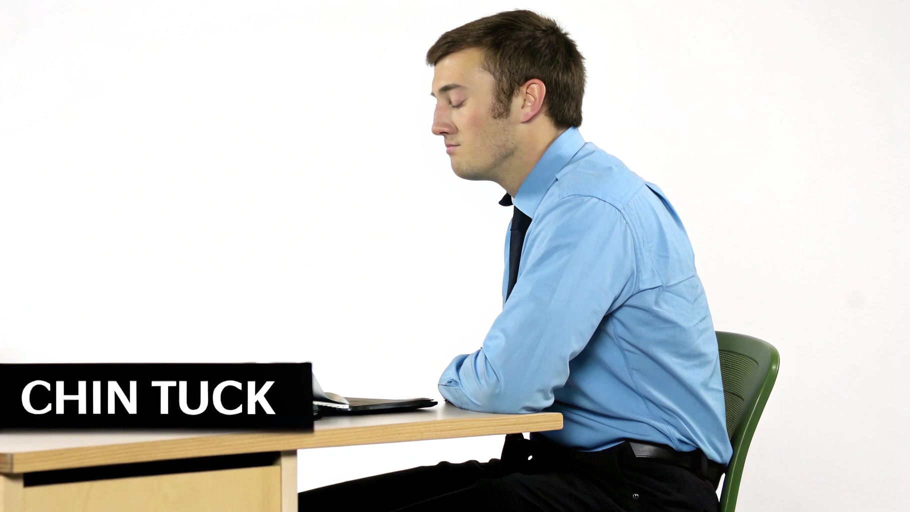 Hershey Family Chiropractic | Neck Pain Chiropractor in Hershey, PA: Your Guide to Lasting Relief A man in a blue shirt and tie performs a chin tuck exercise while seated at a desk, with eyes closed.