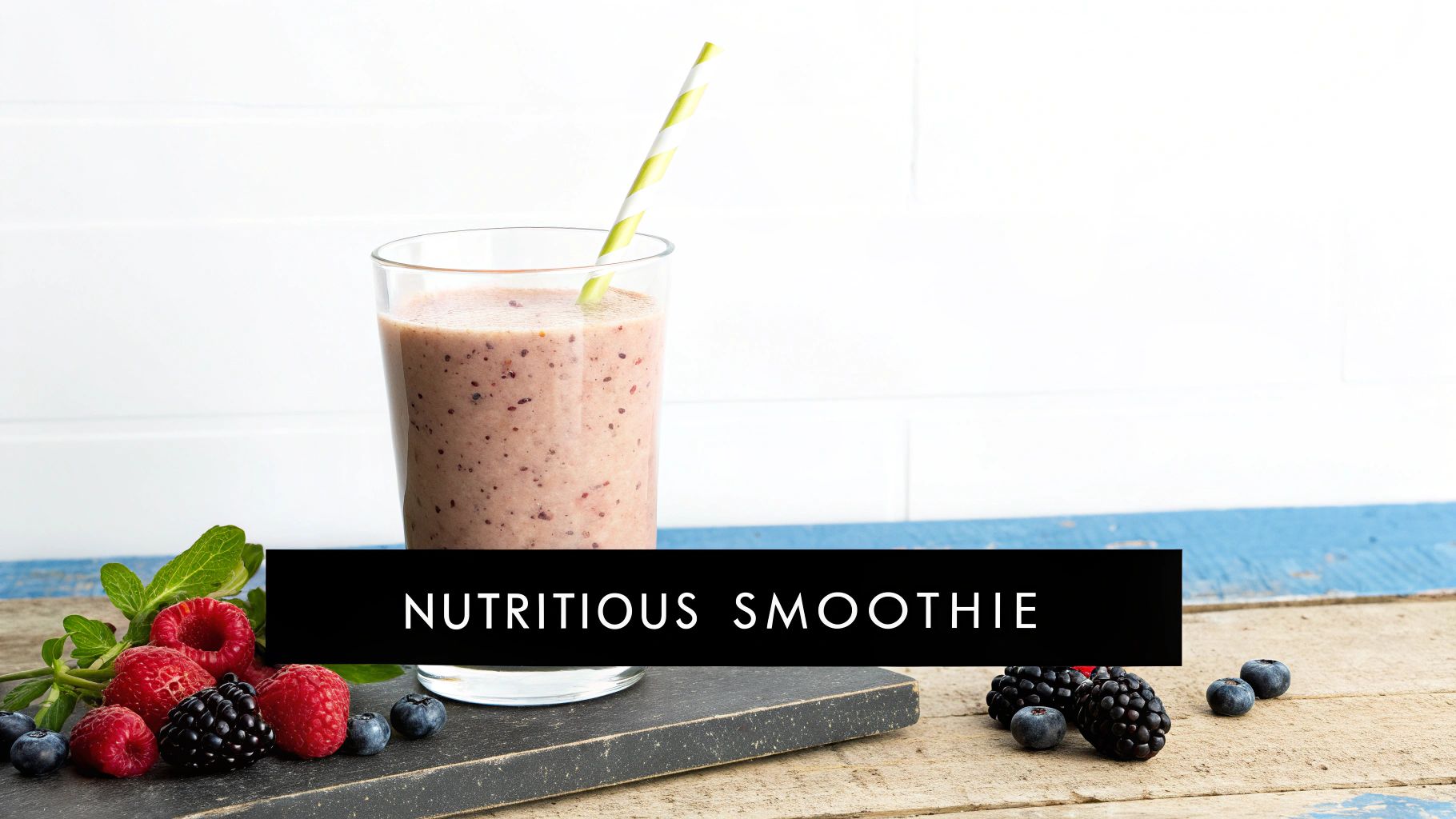 A refreshing berry smoothie with a striped straw, surrounded by fresh raspberries, blackberries, and blueberries on a rustic surface.