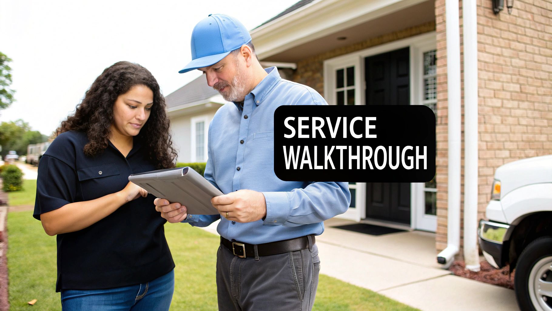 A service professional and a homeowner discuss details on a tablet during a service walkthrough outside a house.