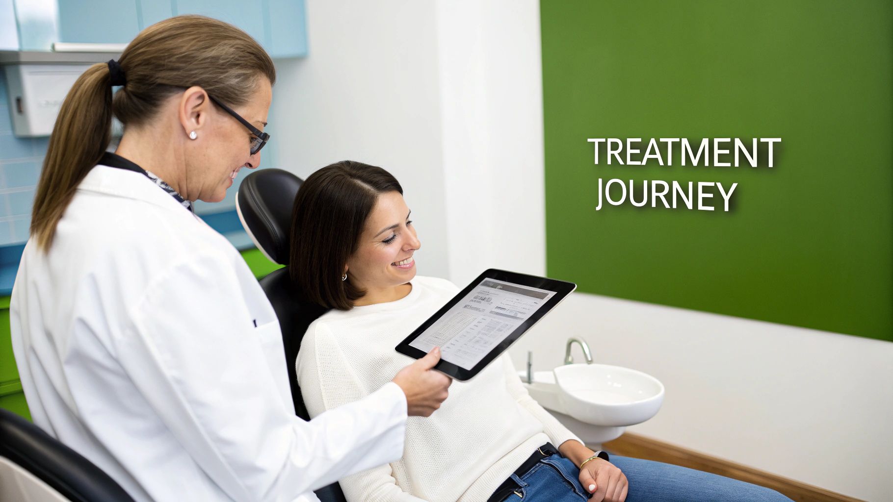 Dentist showing a treatment plan on a tablet to a smiling patient in a modern dental office.