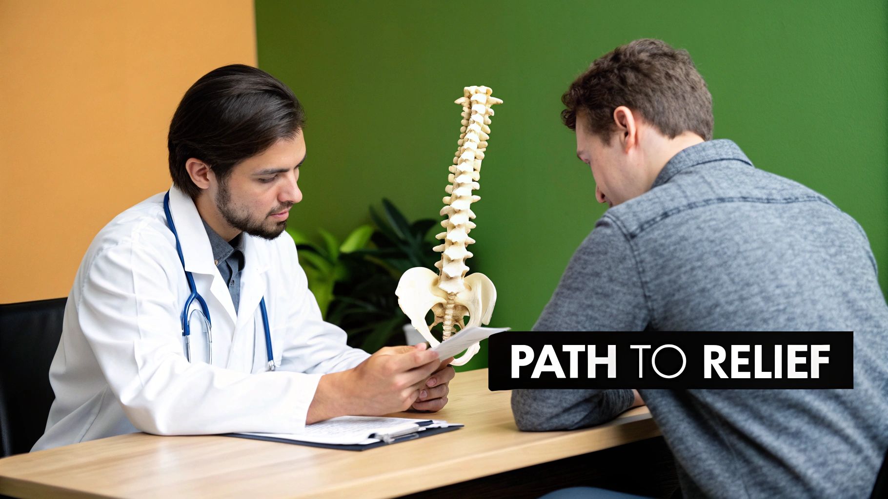 A doctor shows a spine model to a patient, discussing their path to relief.