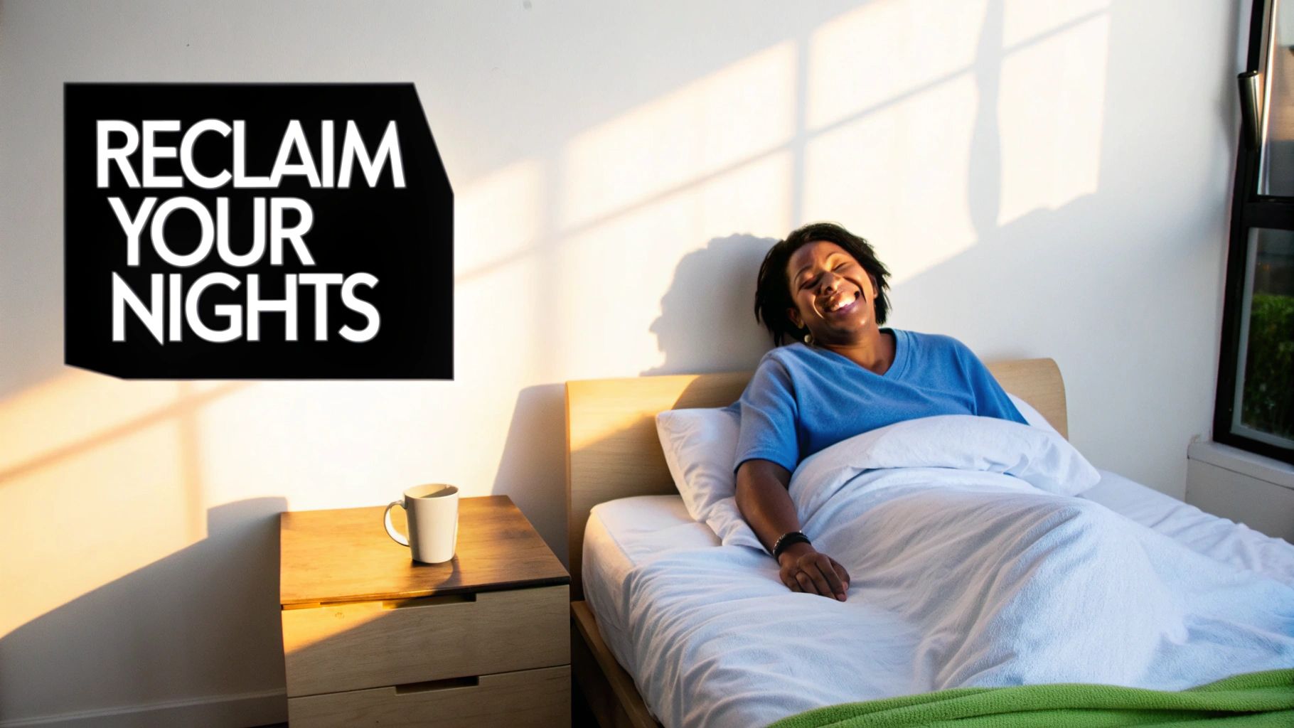 A happy person wakes up smiling in a sunlit bedroom with a 'RECLAIM YOUR NIGHTS' sign.