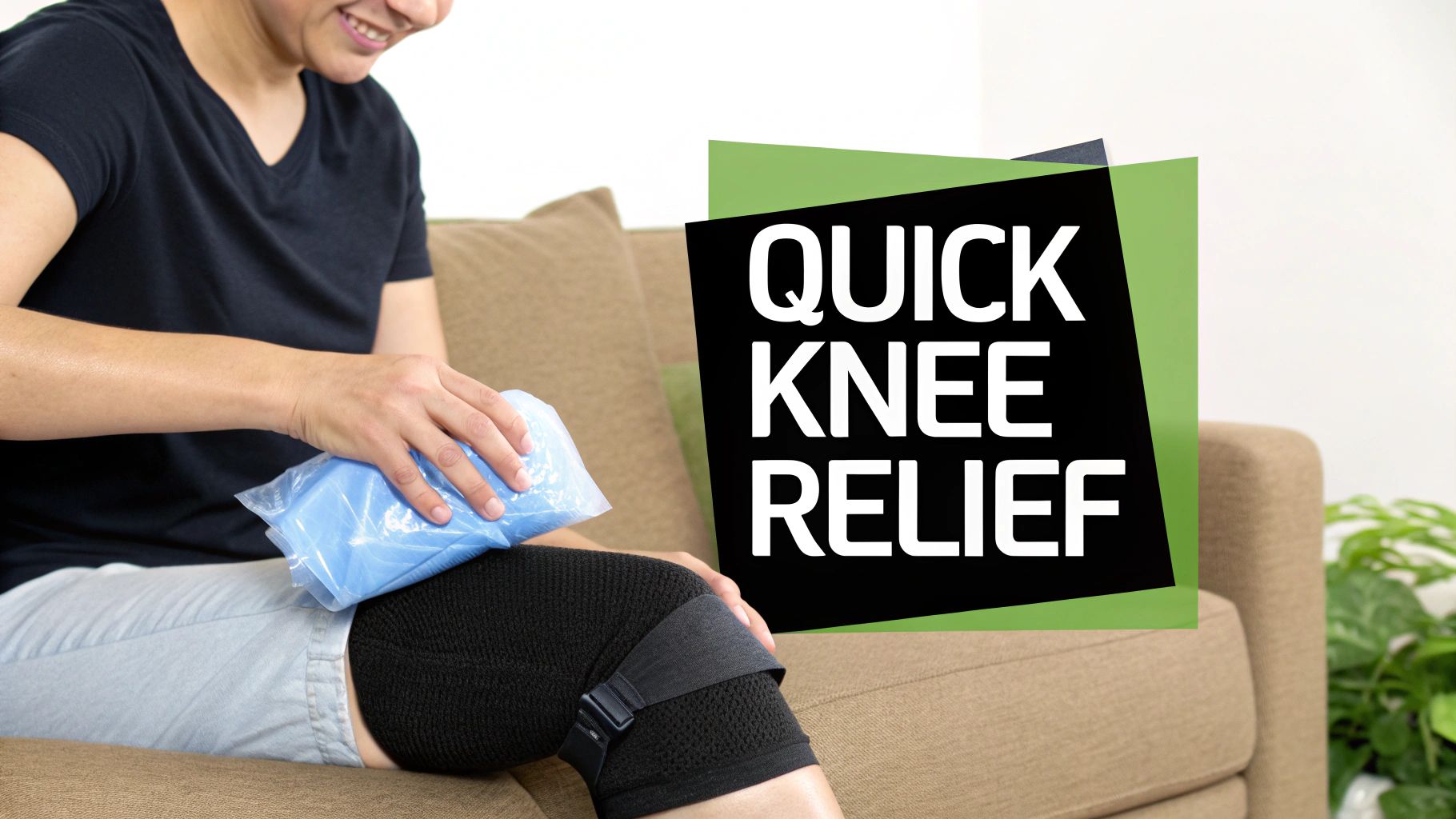 A person applies an ice pack to their knee, wearing a knee brace for quick pain relief on a couch.