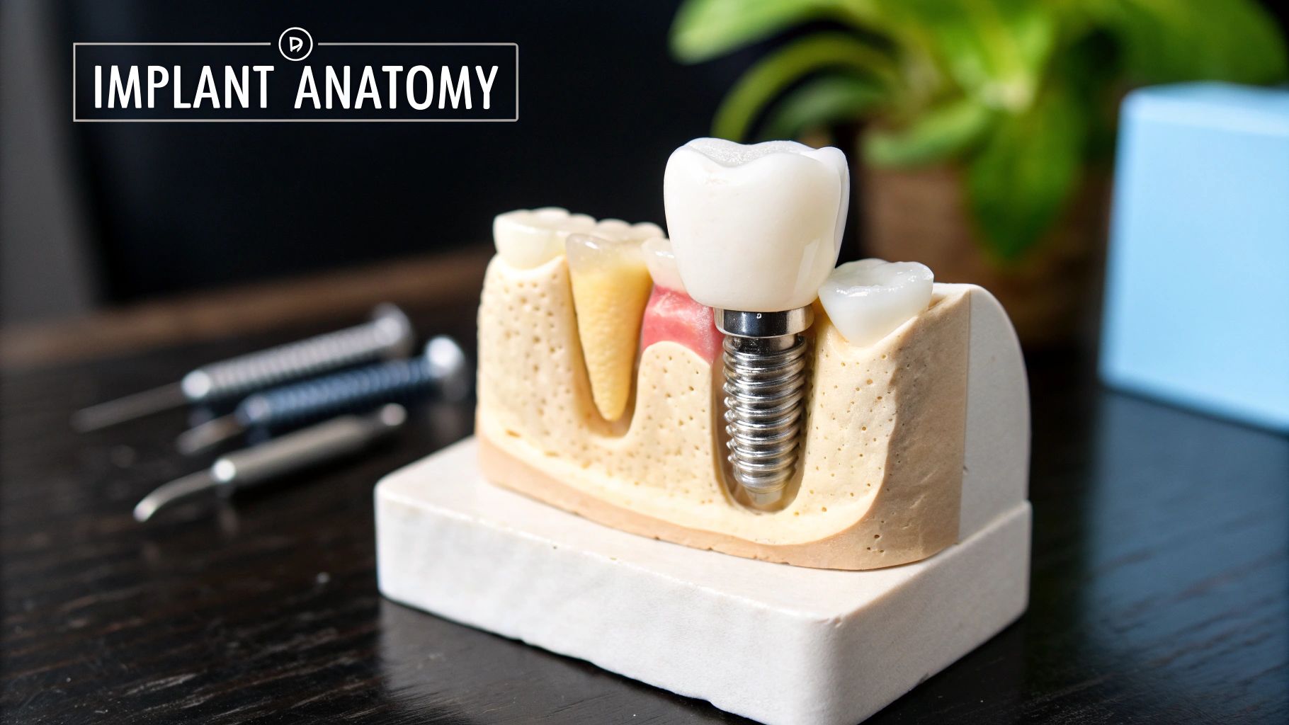 A detailed model illustrating the anatomy of a dental implant, including the crown, abutment, and bone structure.