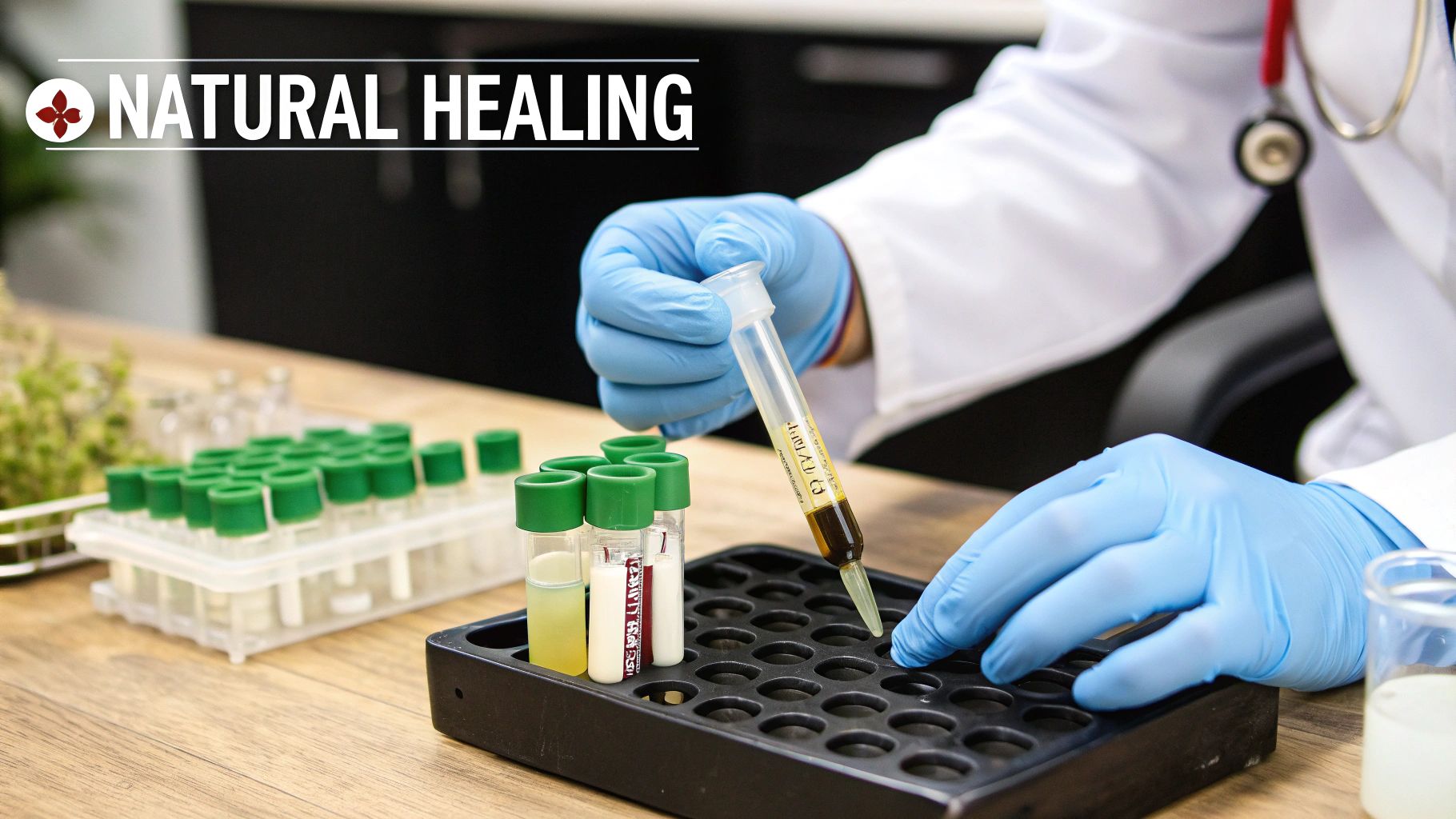 A scientist in gloves transfers natural healing liquid from a test tube into a lab rack.