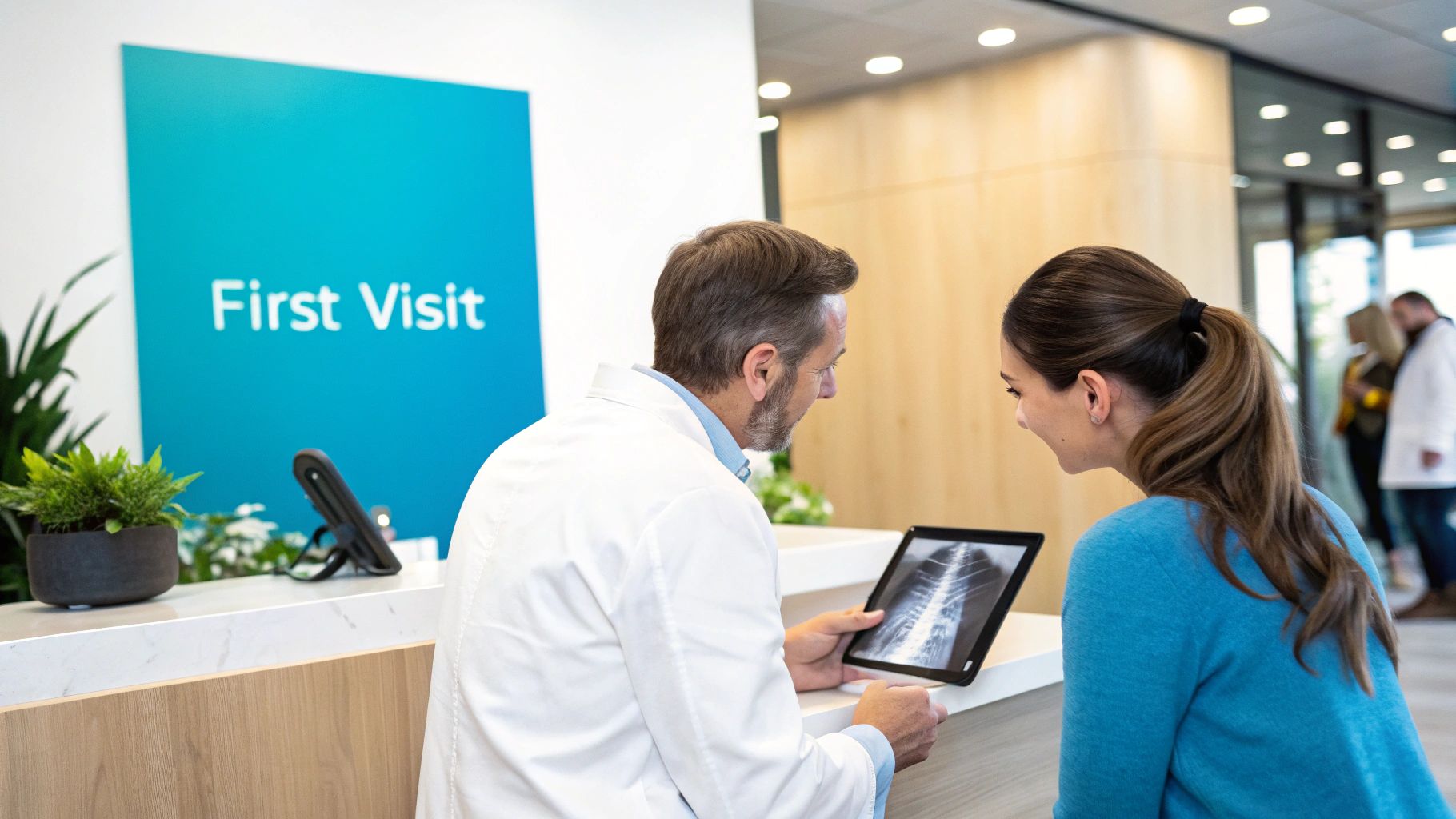 A doctor and patient discuss an X-ray on a tablet at a clinic reception.