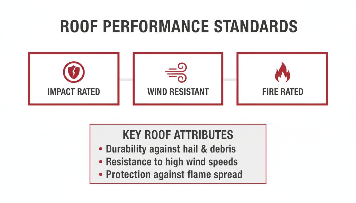 Infographic displaying roof performance standards: impact, wind, fire ratings, and key attributes for durability.