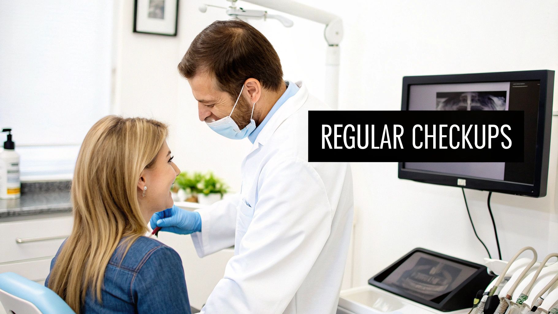 A dentist wearing a mask and gloves performs a regular checkup on a smiling female patient.