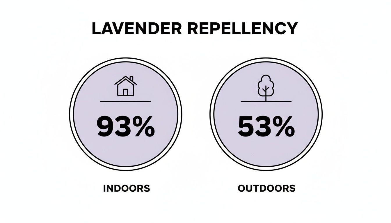 Infographic showing lavender repellency data: 93% effective indoors and 53% effective outdoors.