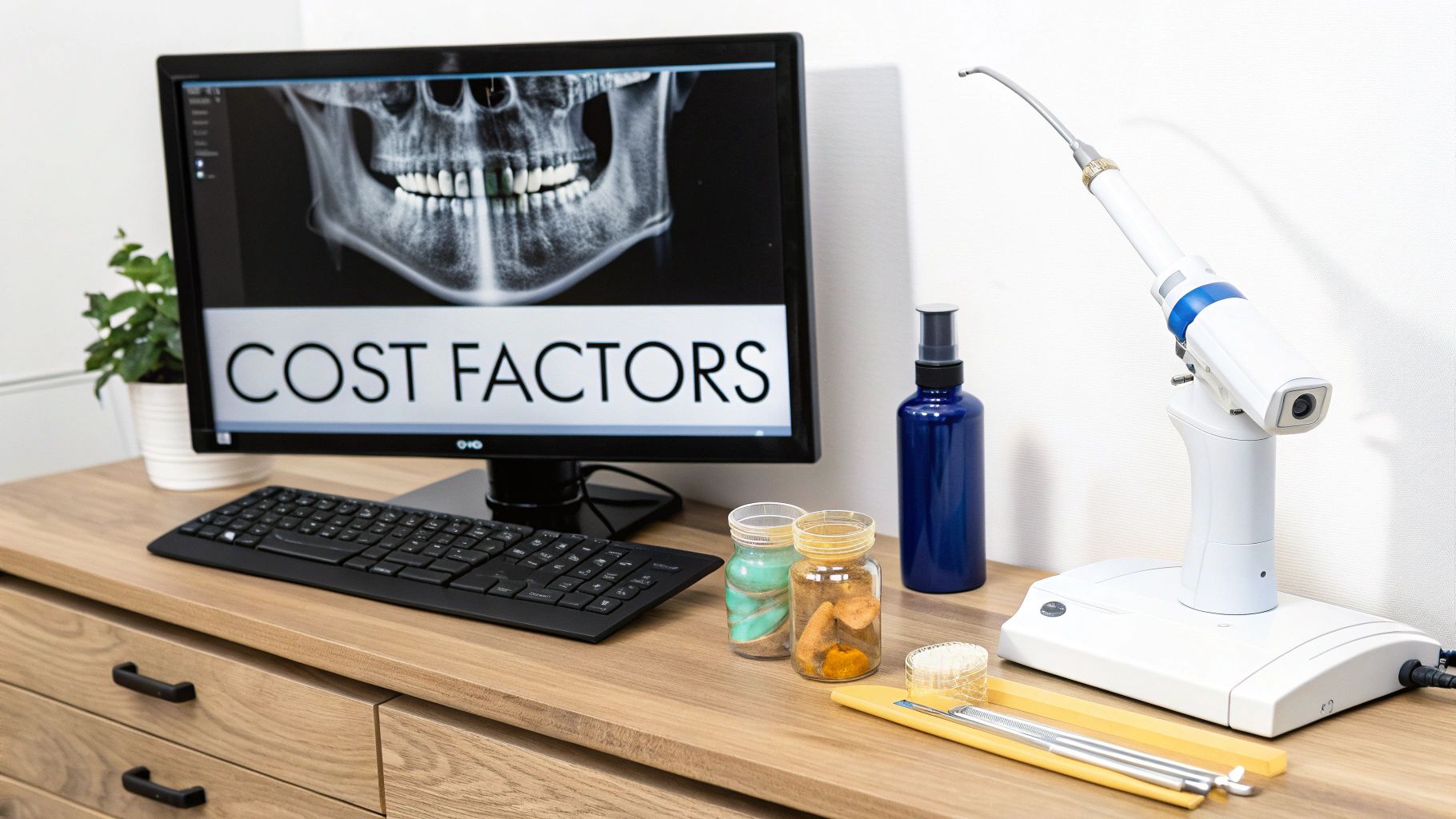 Dental office desk with a computer displaying a teeth X-ray and 'COST FACTORS', alongside dental equipment.