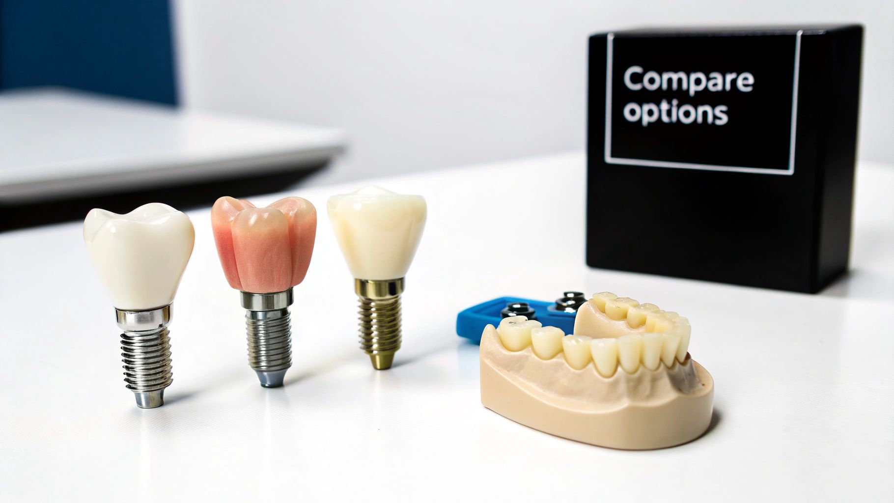 Three dental implant models and a jaw model on a white surface, with a 'Compare options' box.