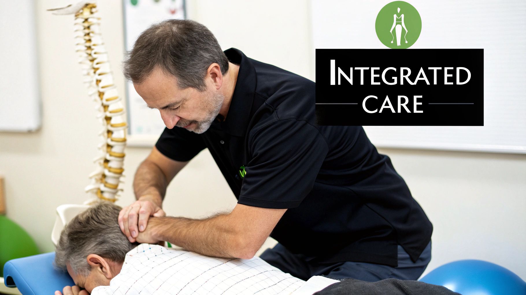 A chiropractor performs a neck adjustment on a patient, with a spine model nearby and 'Integrated Care' logo.