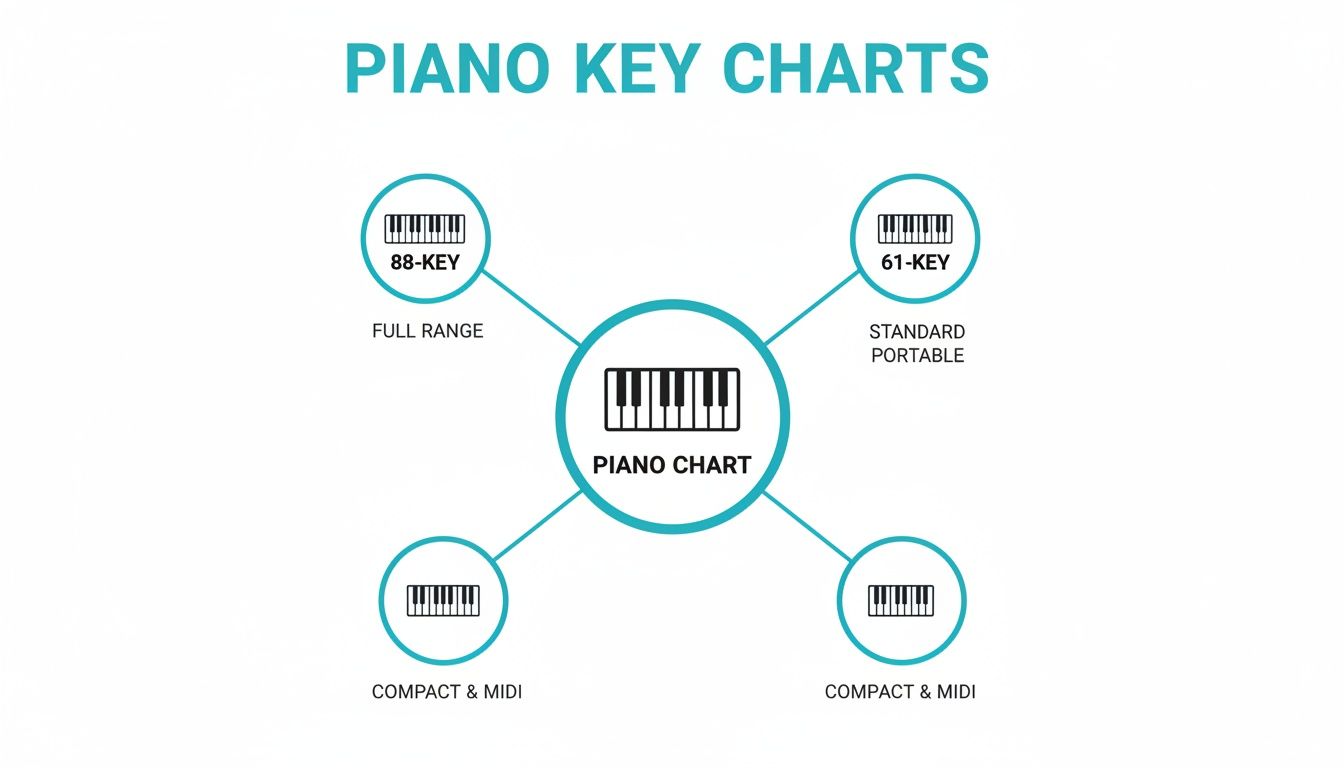 A comprehensive diagram illustrating different piano key charts, including 88-key, 61-key, and compact MIDI configurations.