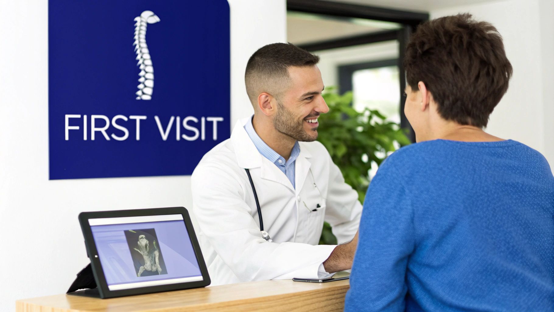 A smiling male doctor in a white coat consults with a female patient in a chiropractic office.