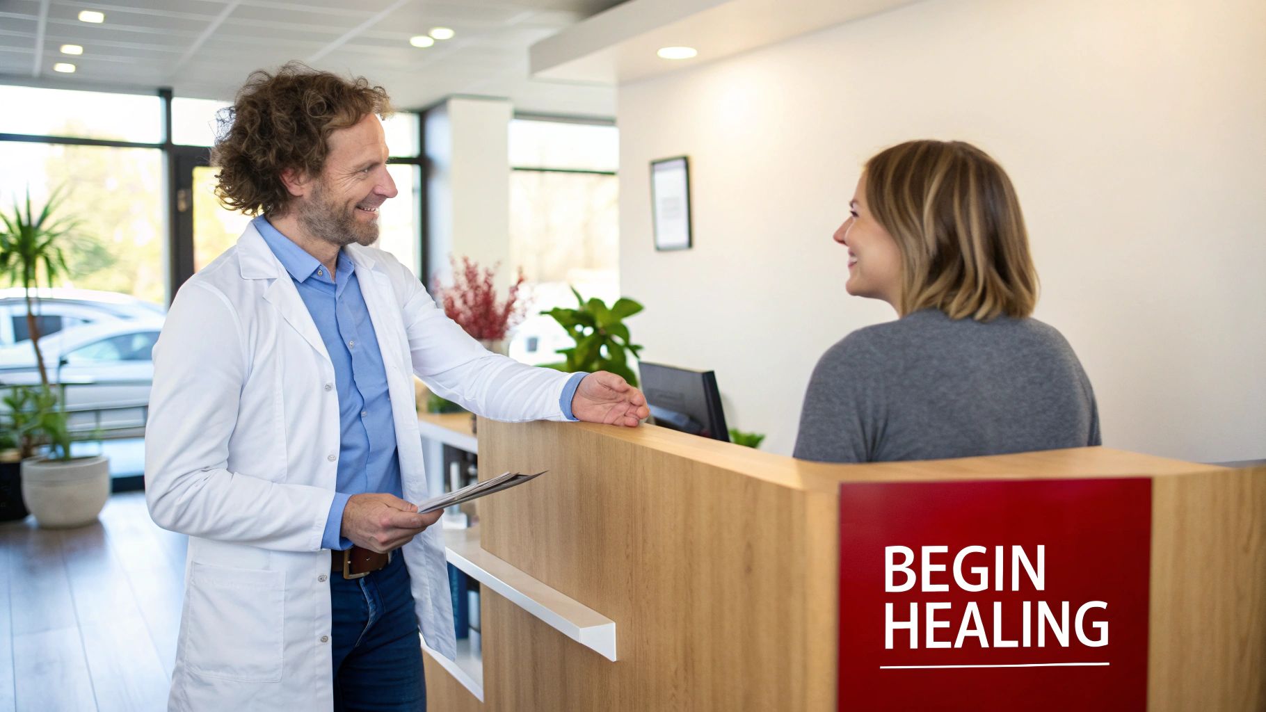 A smiling male doctor in a white coat talks to a happy female patient at a clinic reception desk.