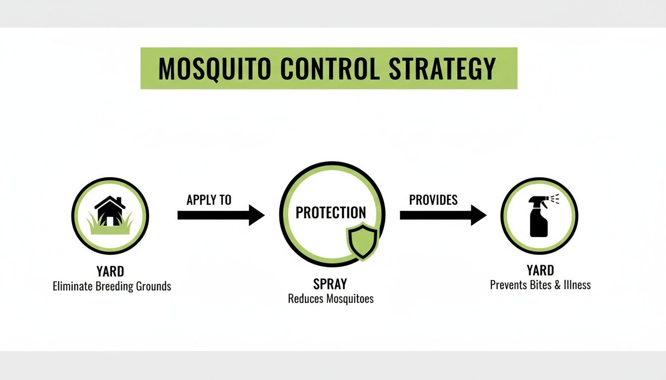Mosquito control strategy flowchart showing steps: eliminate breeding grounds, apply spray, and protect from bites.