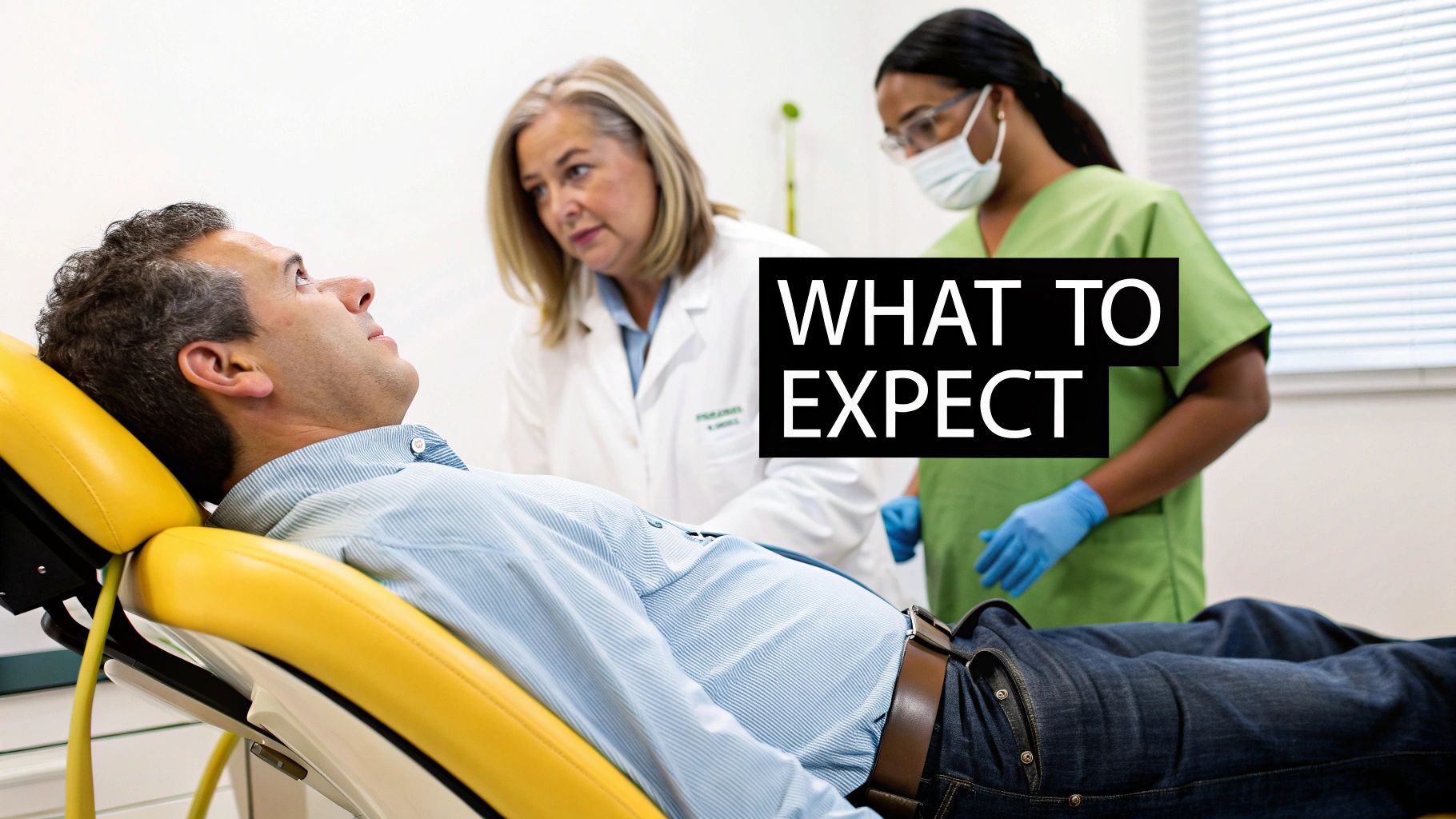 Patient lying on a dental chair, with a dentist and assistant explaining what to expect.