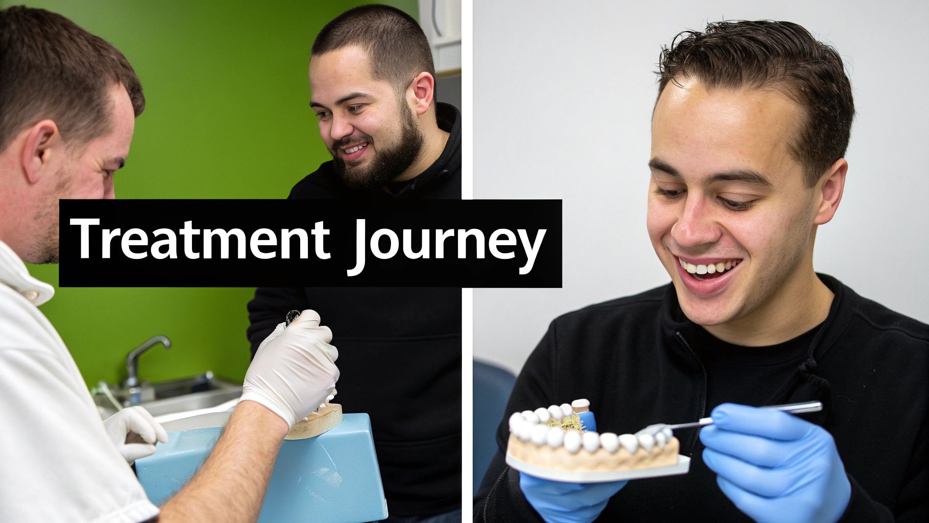 People engaged in a dental treatment journey, working on tooth models and smiling happily.