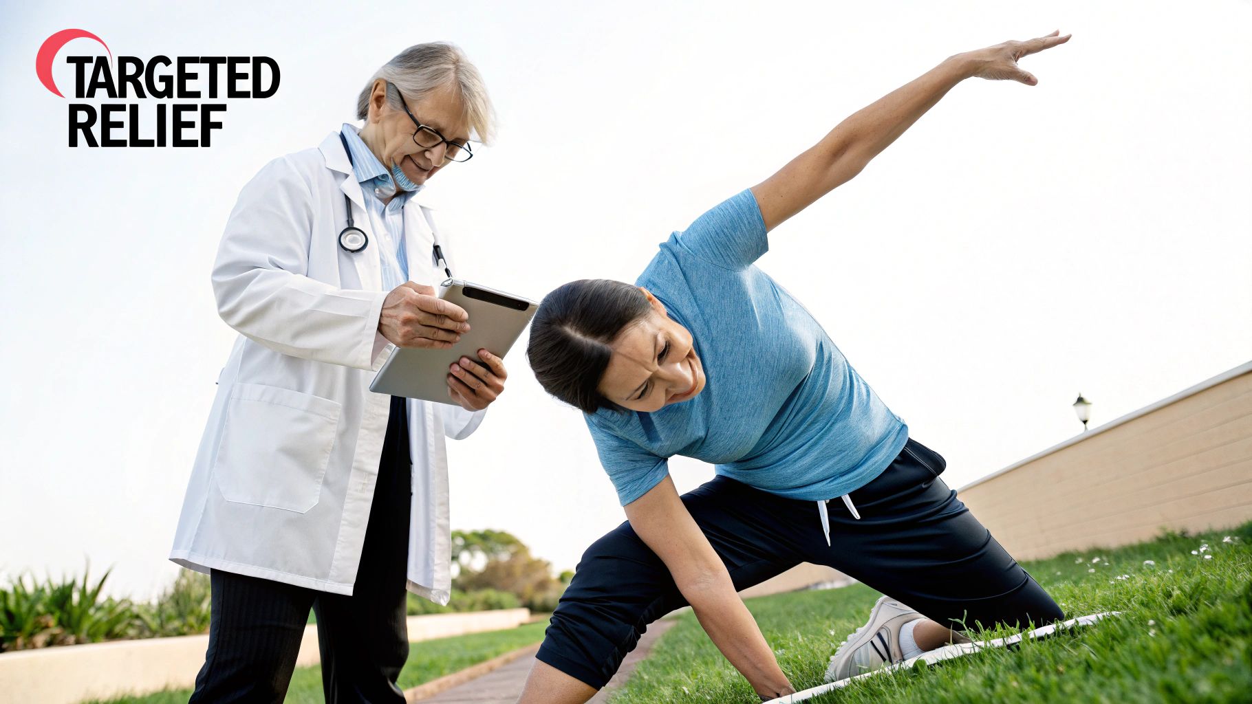 A doctor observes a woman stretching outdoors, possibly for physical therapy or targeted relief.