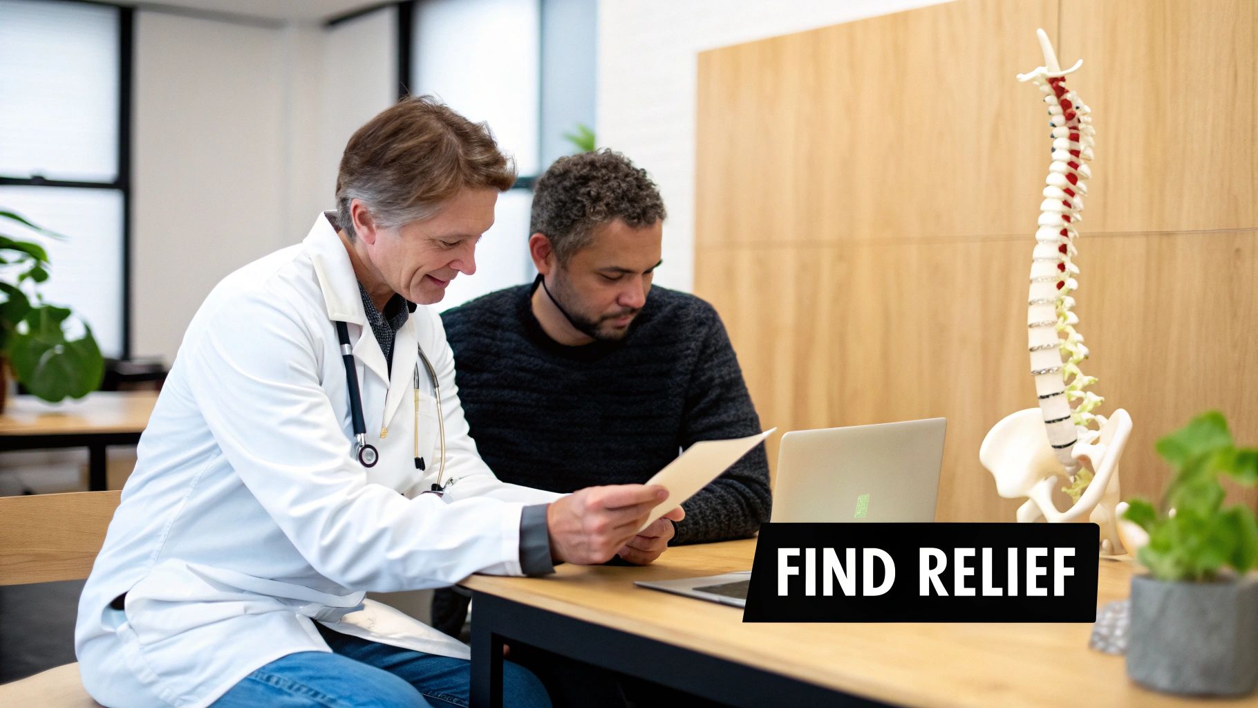 A doctor consults with a male patient about back health, displaying a spine model on the table.