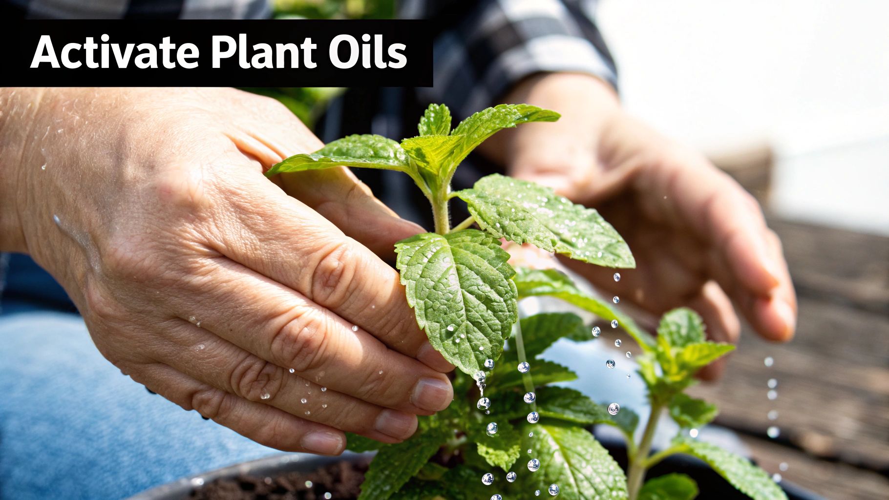 Hands gently watering a vibrant green plant with water droplets, featuring 'Activate Plant Oils' text.