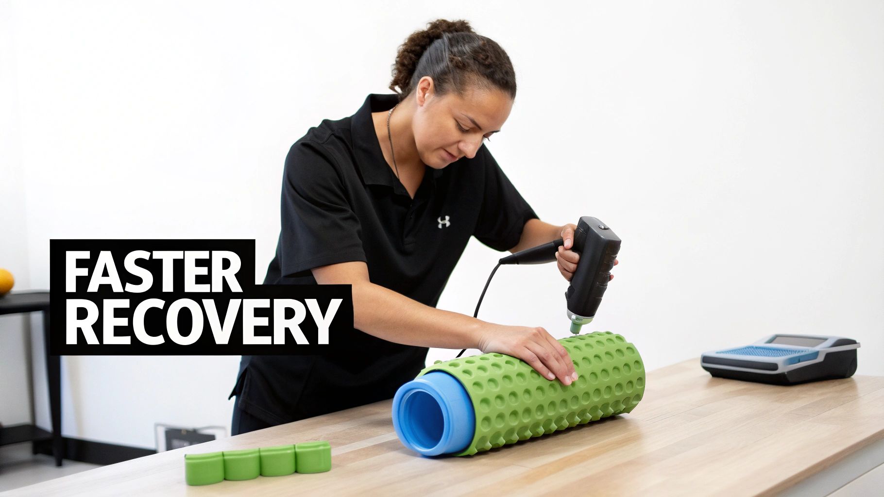 A woman uses a percussive massage gun on a green foam roller for muscle recovery on a wooden table.