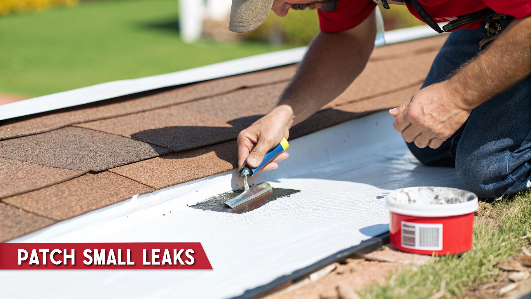 Close-up of a person patching a small leak on a flat roof with a trowel and sealant.