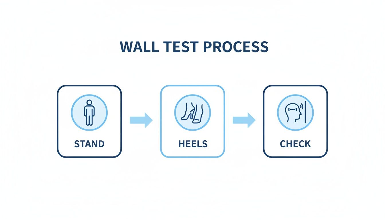 Illustration showing the 'WALL TEST PROCESS' in three steps: Stand, Heels, and Check.