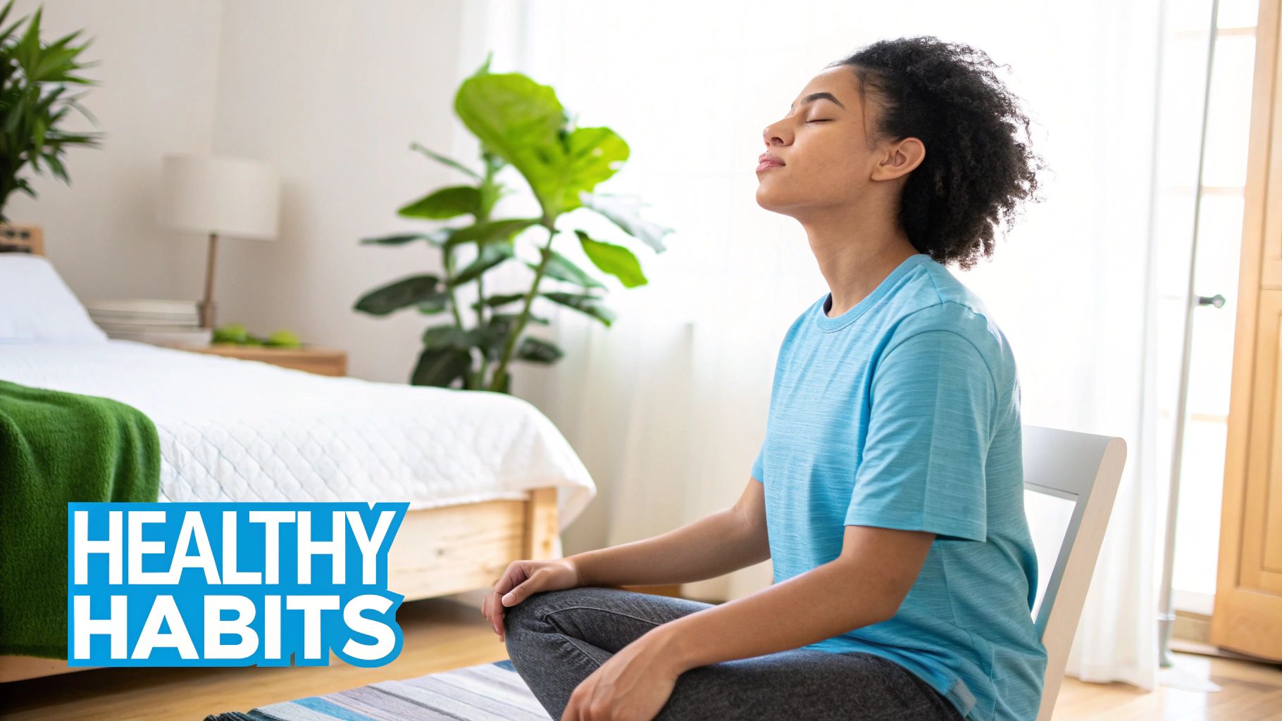 A young woman meditates on a yoga mat in a bright bedroom, promoting healthy habits.