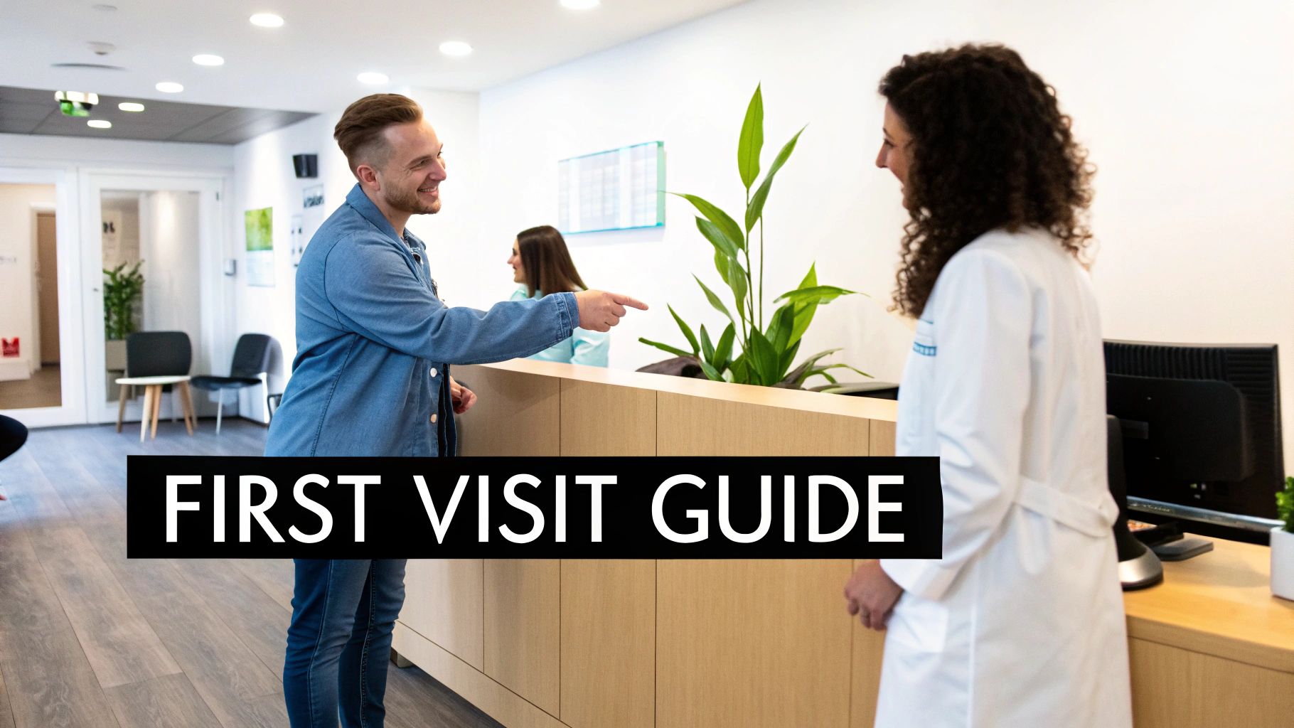 A smiling man points, talking to a medical professional at a clinic reception desk.