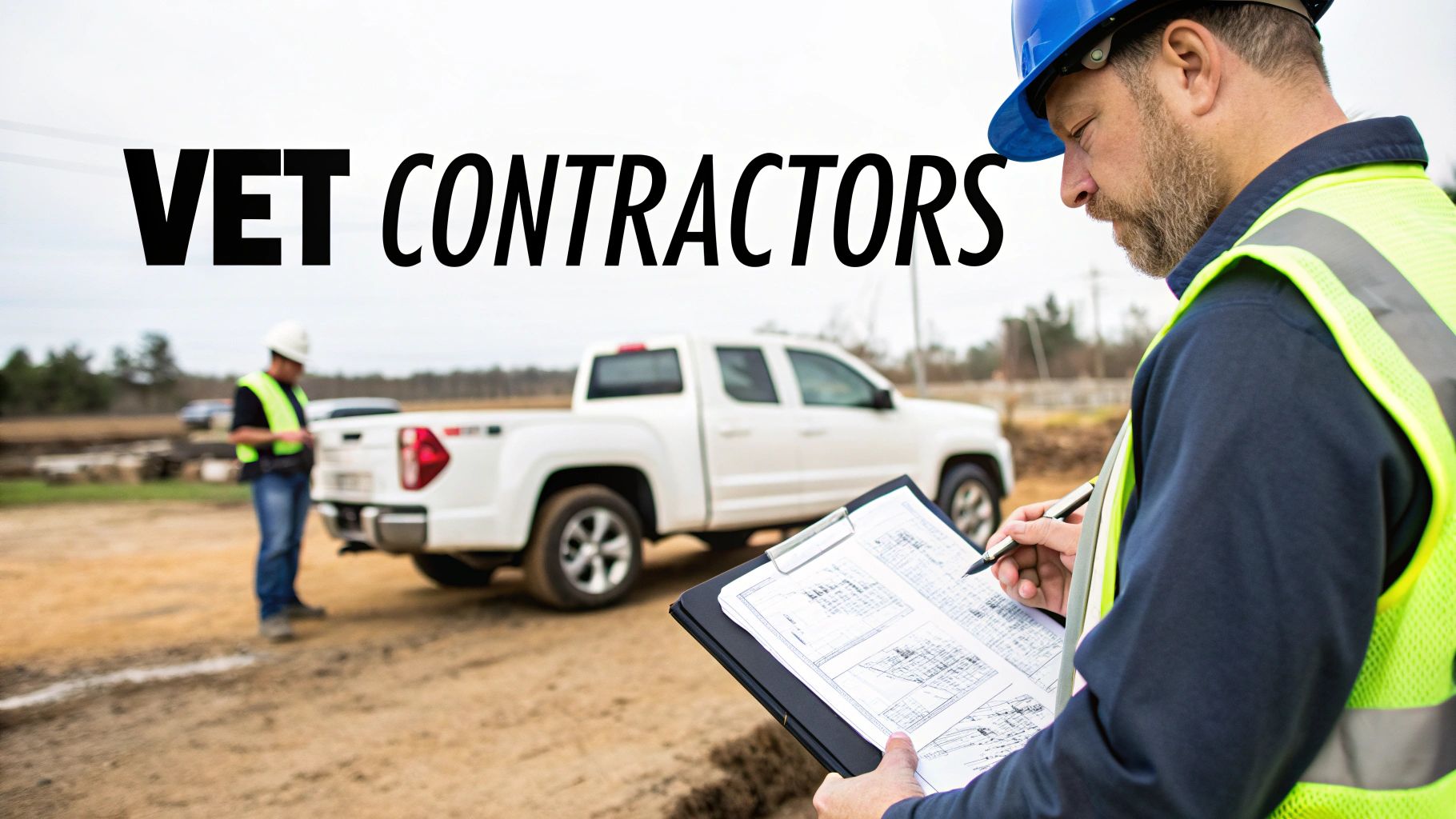 Construction worker in a hard hat and vest reviews plans at a job site with a pickup truck.