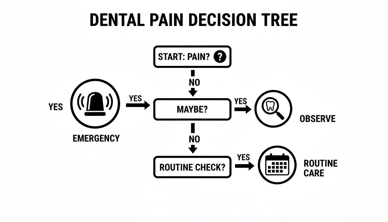A flowchart illustrating a dental pain decision tree, guiding patients to emergency, observation, or routine care.