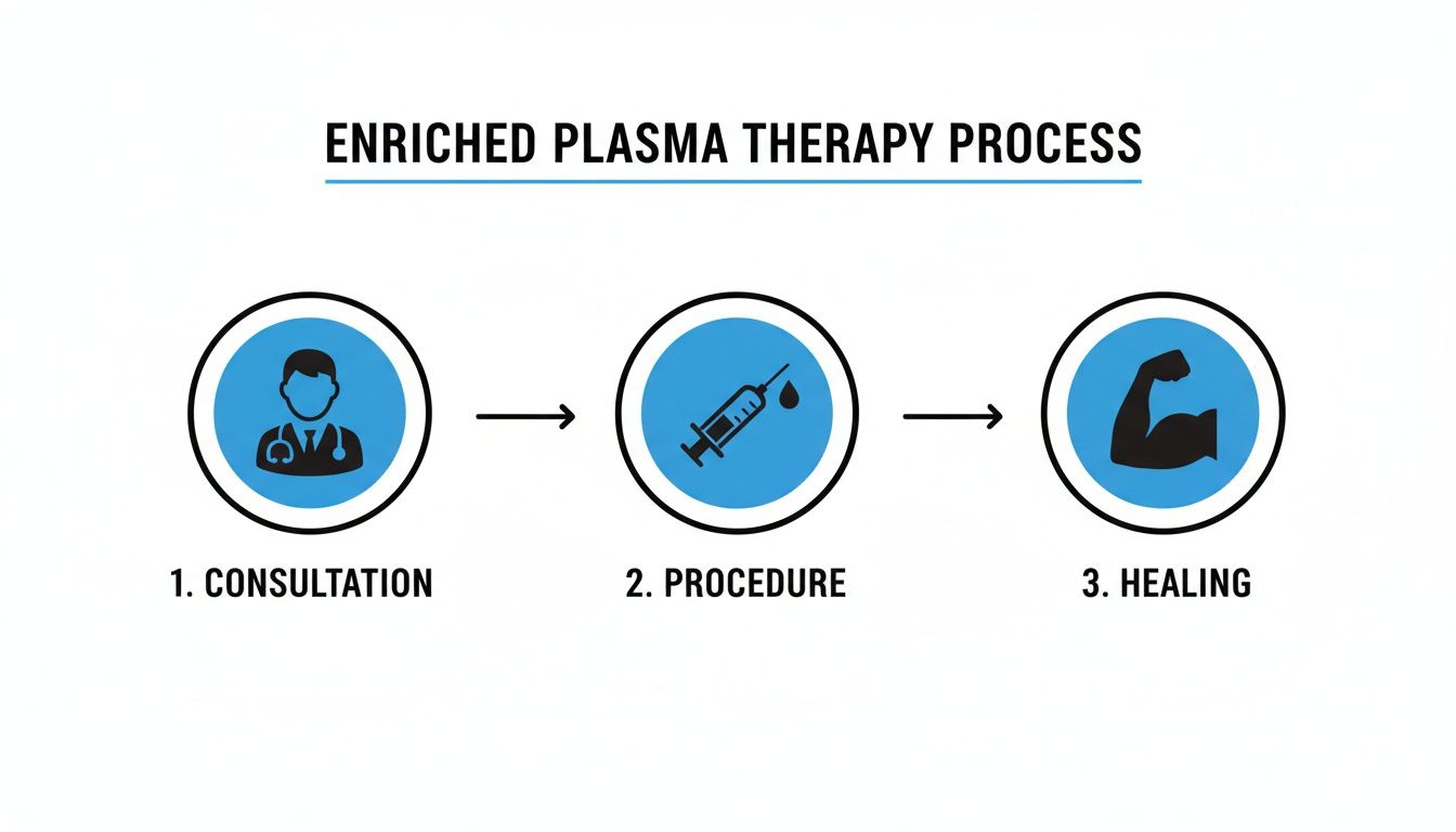 Infographic showing the three-step enriched plasma therapy process: consultation, procedure, and healing.