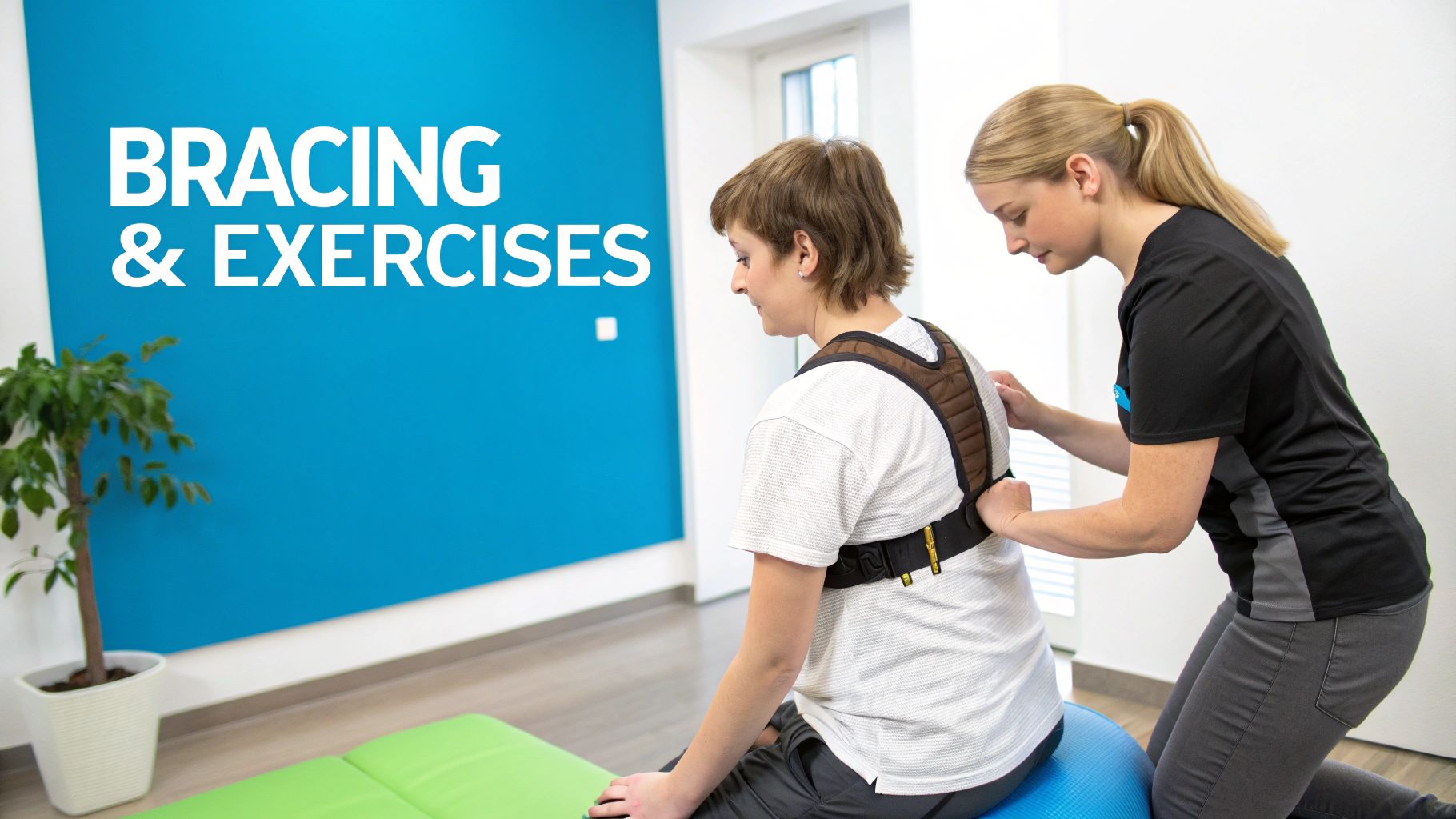 A physical therapist assists a woman wearing a back brace during an exercise session for posture correction.