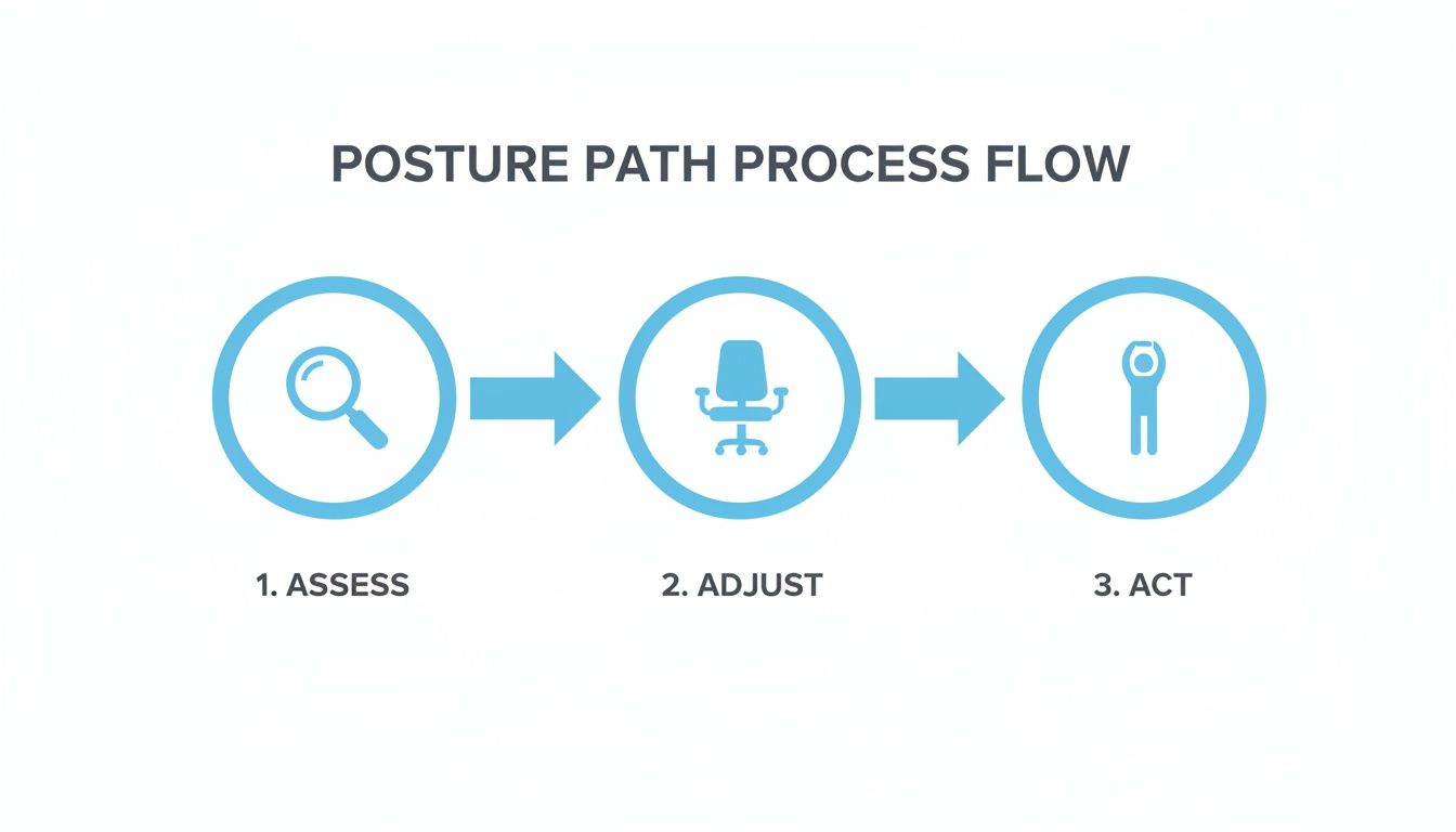 A three-step posture improvement process flow: assess with a magnifying glass, adjust with an office chair, and act with a person icon.